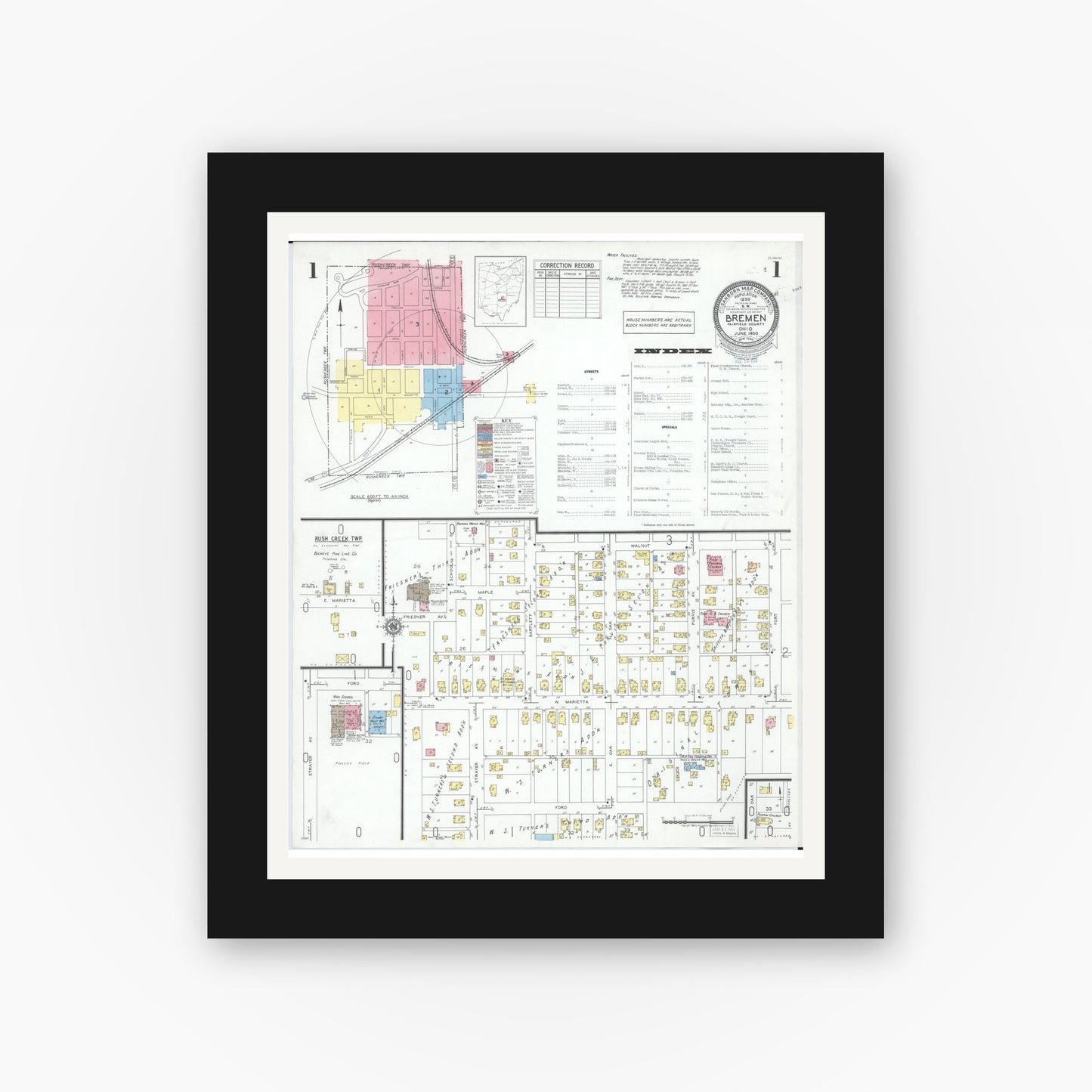 Old map wall art mockup — black gallery frame with white mat — Sanborn Fire Insurance Map from Bremen, Fairfield County, Ohio (1950) - Complete Map Set
