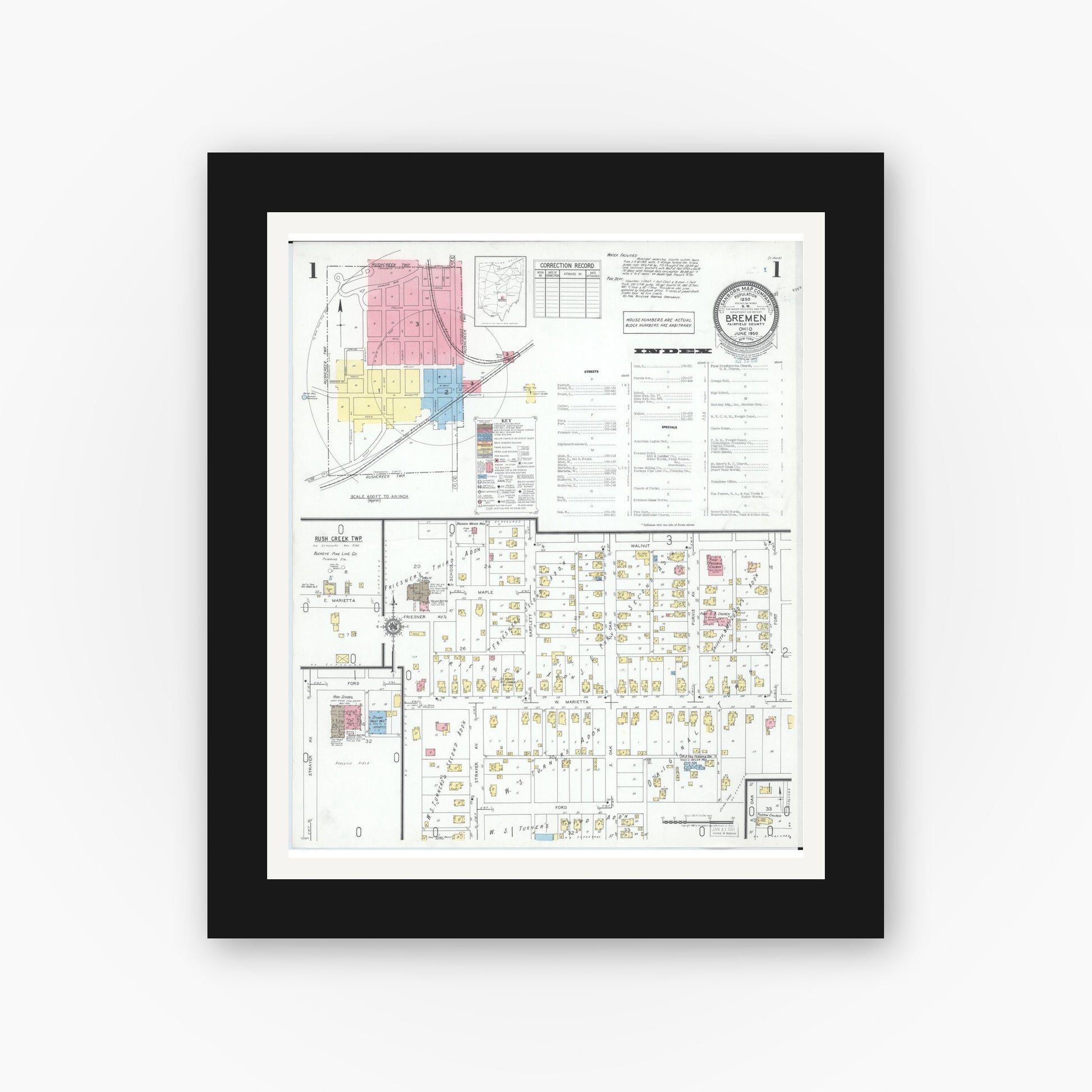 Old map wall art mockup — black gallery frame with white mat — Sanborn Fire Insurance Map from Bremen, Fairfield County, Ohio (1950) - Complete Map Set
