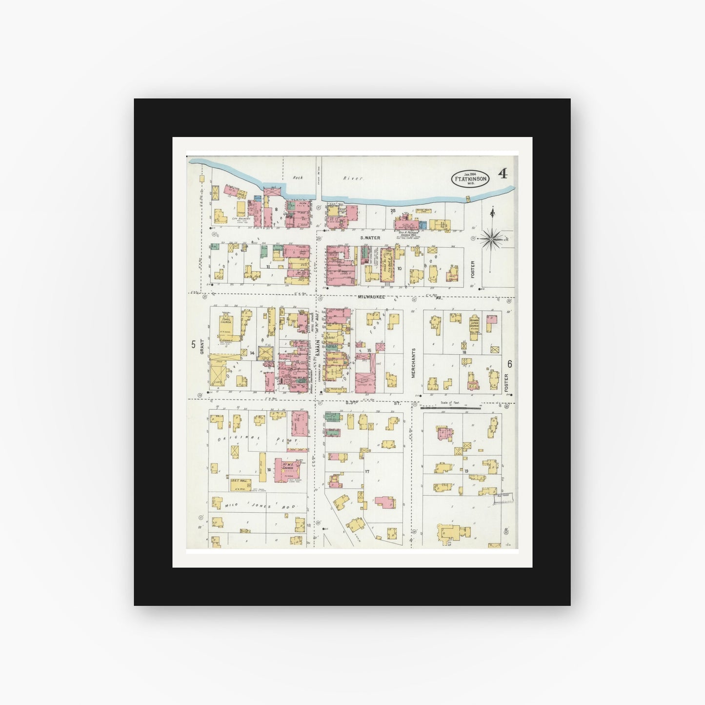 Old map wall art mockup — black gallery frame with white mat — Sanborn Fire Insurance Map from Fort Atkinson, Jefferson County, Wisconsin (1904), Sheet #0004
