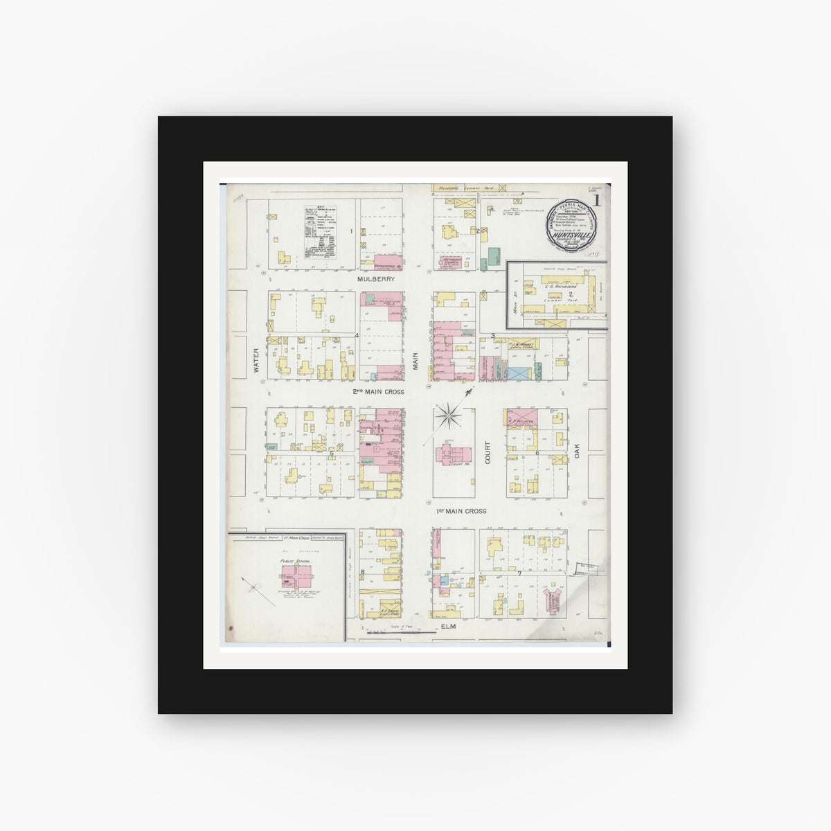 Old map wall art mockup — black gallery frame with white mat — Sanborn Fire Insurance Map from Huntsville, Randolph County, Missouri (1893), Sheet #0001
