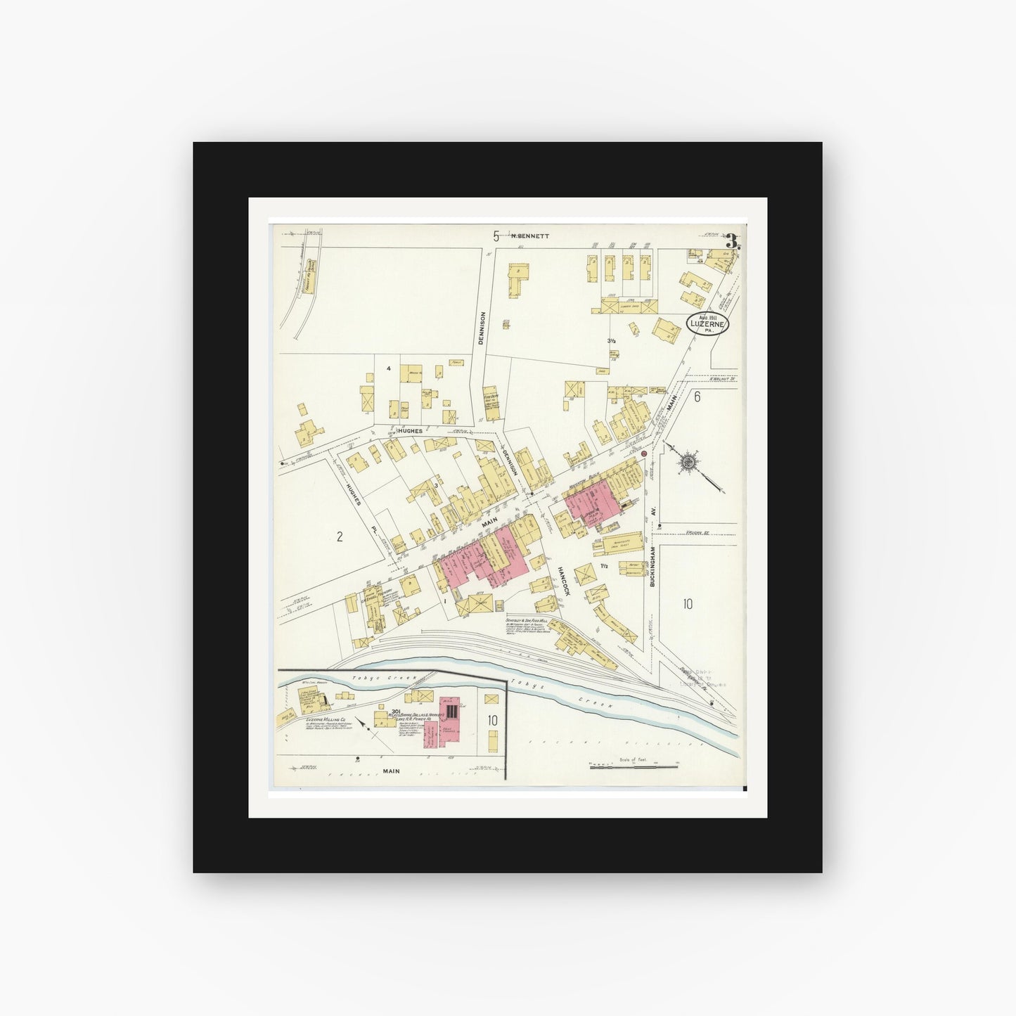 Old map wall art mockup — black gallery frame with white mat — Sanborn Fire Insurance Map from Luzerne, Luzerne County, Pennsylvania (1911), Sheet #0003