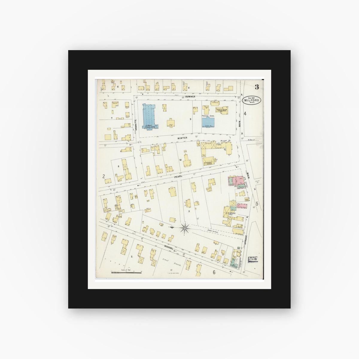 Old map wall art mockup — black gallery frame with white mat — Sanborn Fire Insurance Map from Milford, Worcester County, Massachusetts (1897), Sheet #0003