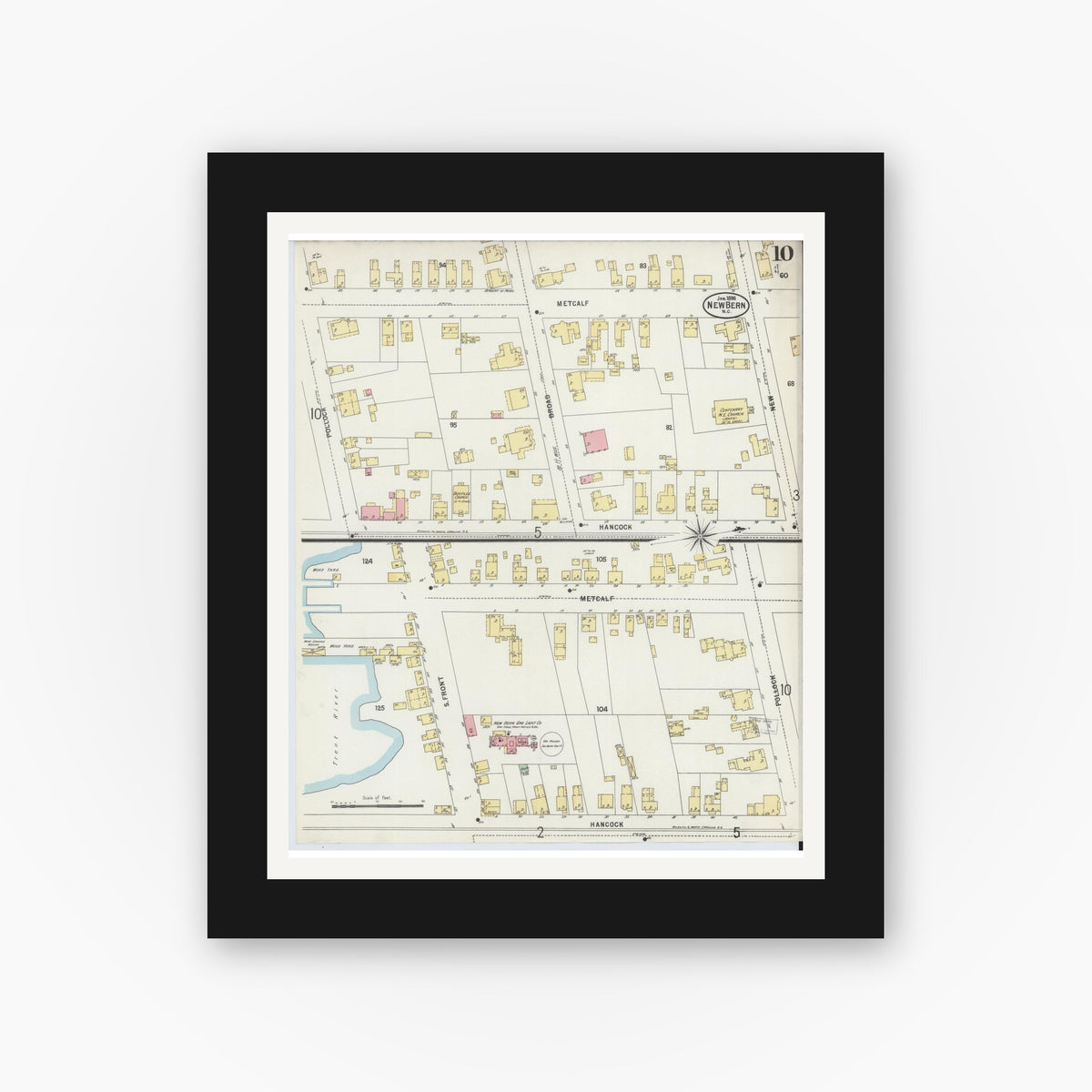Old map wall art mockup — black gallery frame with white mat — Sanborn Fire Insurance Map from New Bern, Craven County, North Carolina (1898), Sheet #0010