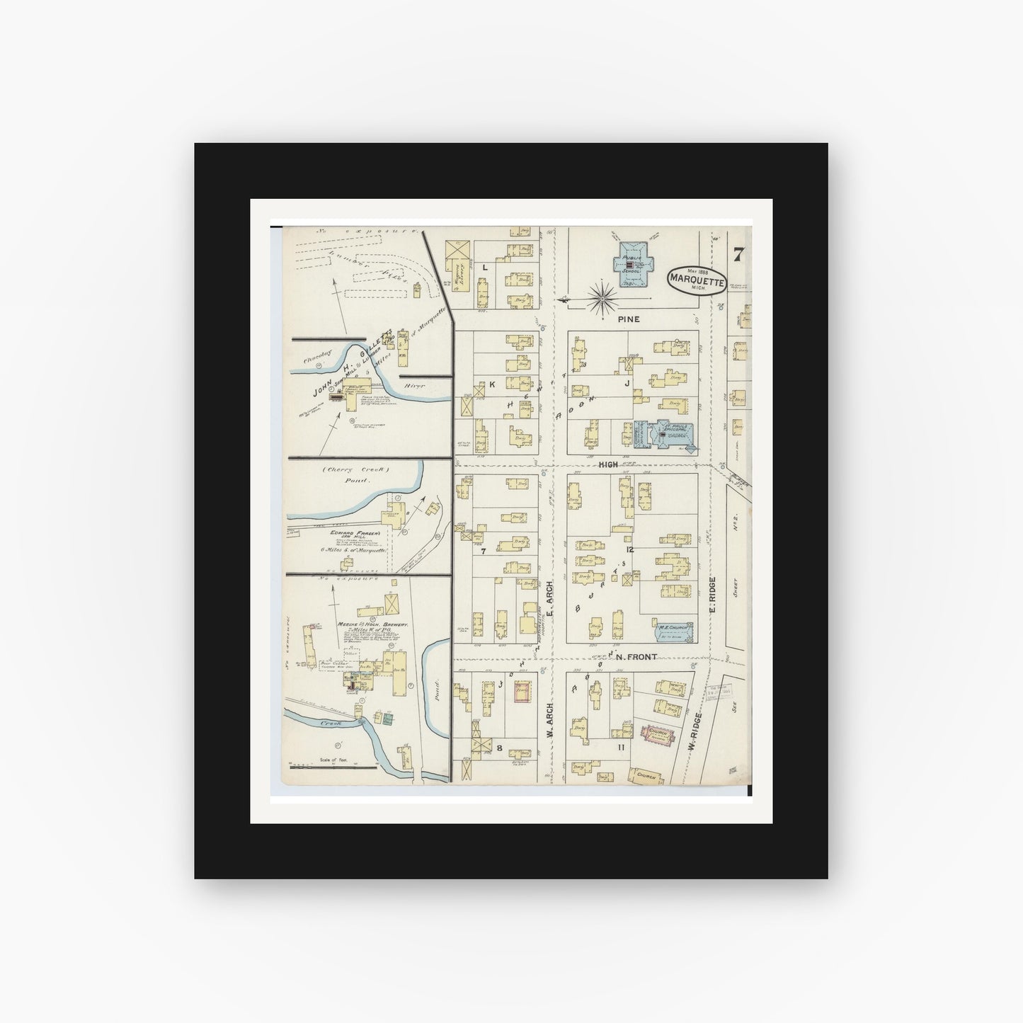 Old map wall art mockup — black gallery frame with white mat — Sanborn Fire Insurance Map from Marquette, Marquette County, Michigan (1888), Sheet #0007