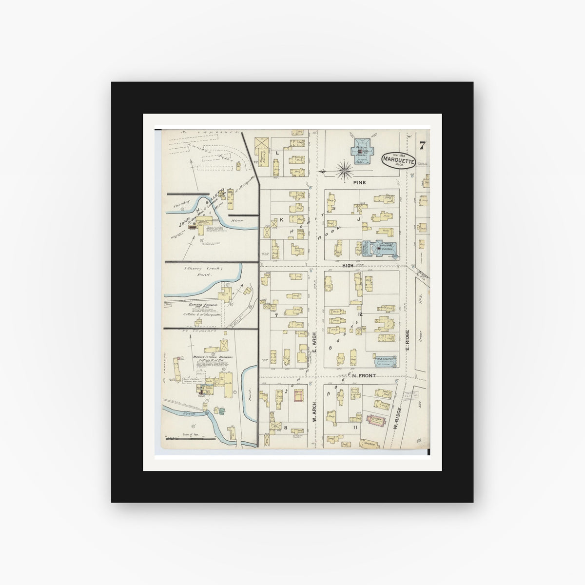 Old map wall art mockup — black gallery frame with white mat — Sanborn Fire Insurance Map from Marquette, Marquette County, Michigan (1888), Sheet #0007