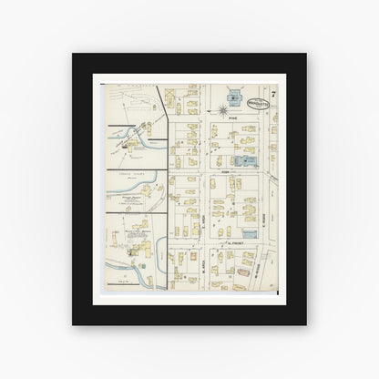 Old map wall art mockup — black gallery frame with white mat — Sanborn Fire Insurance Map from Marquette, Marquette County, Michigan (1888), Sheet #0007