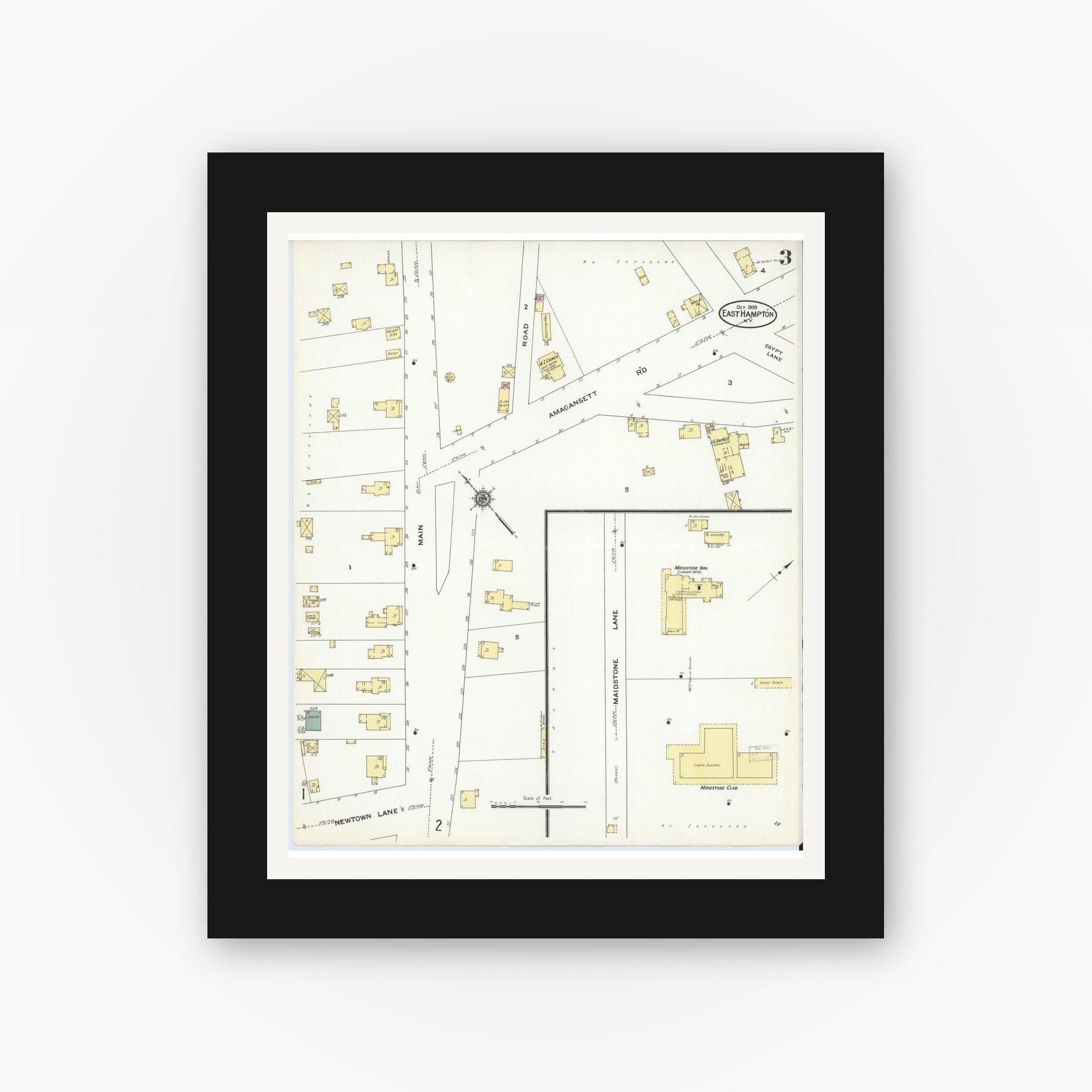 Old map wall art mockup — black gallery frame with white mat — Sanborn Fire Insurance Map from Easthampton, Suffolk County, New York (1909), Sheet #0003