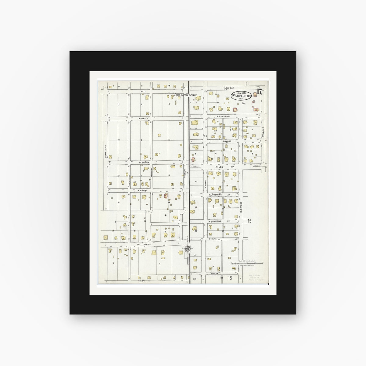 Old map wall art mockup — black gallery frame with white mat — Sanborn Fire Insurance Map from Weatherford, Parker County, Texas (1921), Sheet #0017