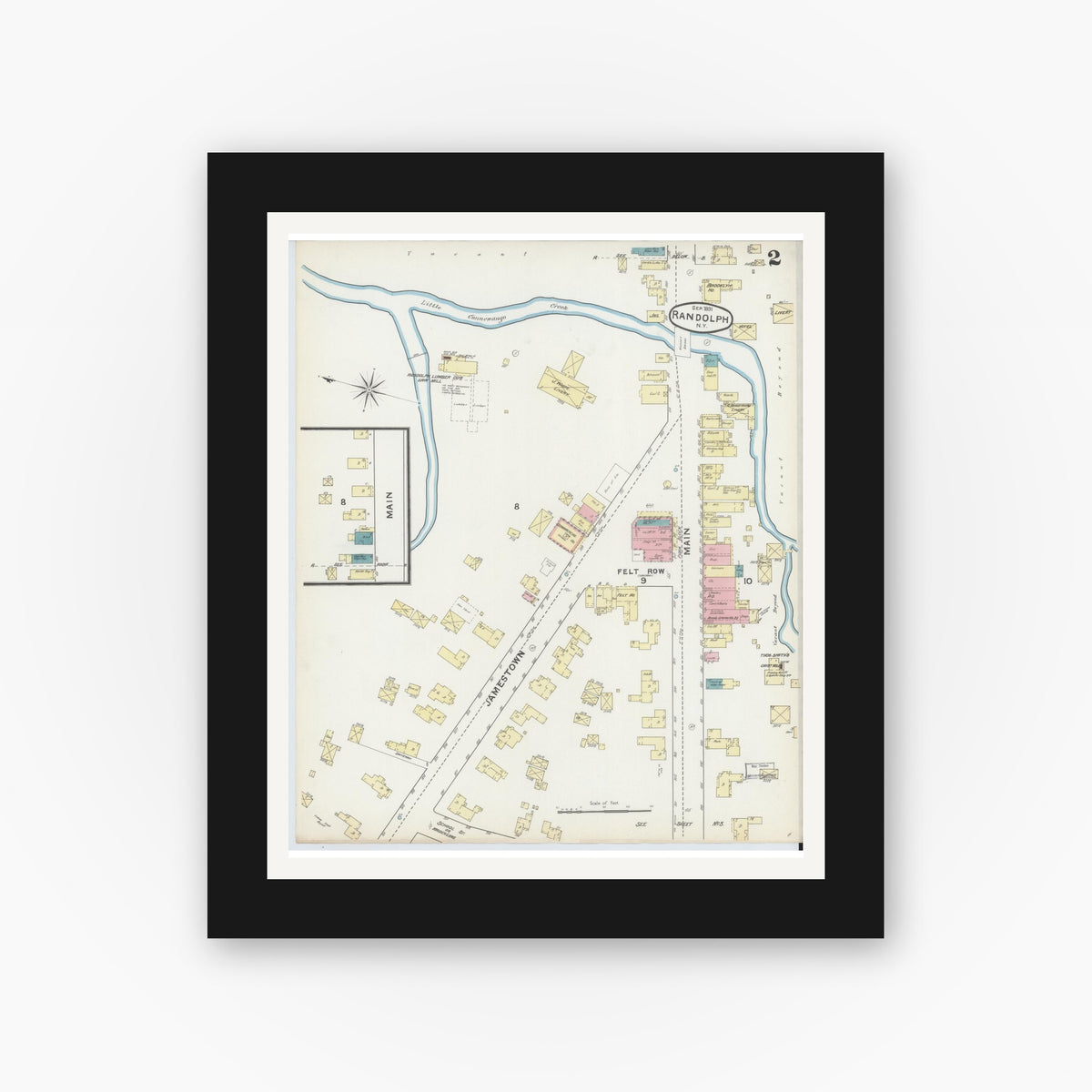 Old map wall art mockup — black gallery frame with white mat — Sanborn Fire Insurance Map from Randolph, Cattaraugus County, New York (1891), Sheet #0002