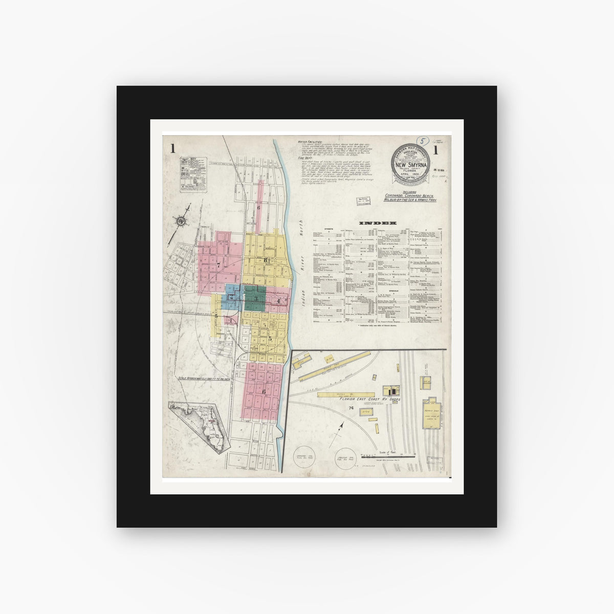 Old map wall art mockup — black gallery frame with white mat — Sanborn Fire Insurance Map from New Smyrna, Valusia County, Florida (1924) - Complete Map Set