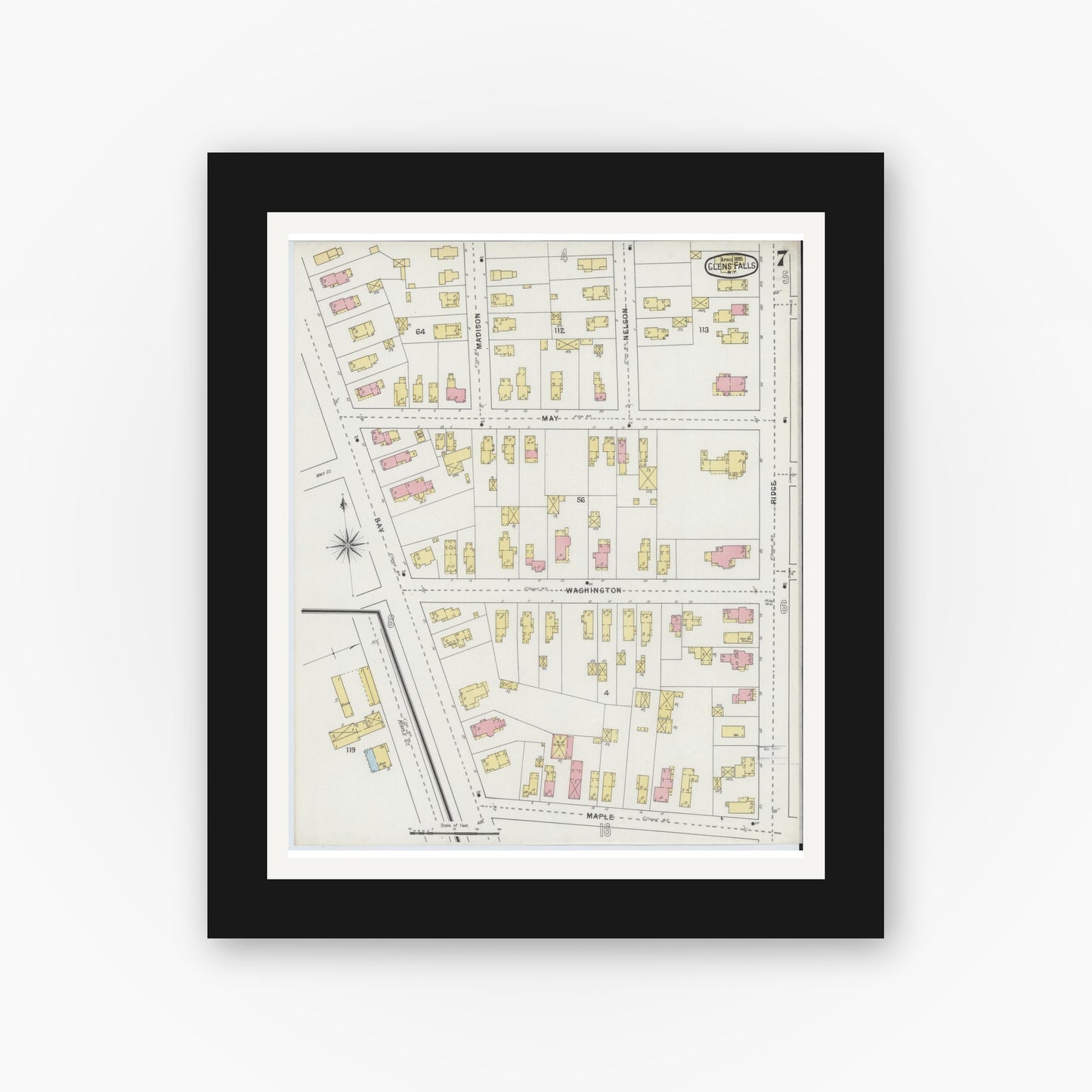 Old map wall art mockup — black gallery frame with white mat — Sanborn Fire Insurance Map from Glens Falls, Warren County, New York (1895), Sheet #0007
