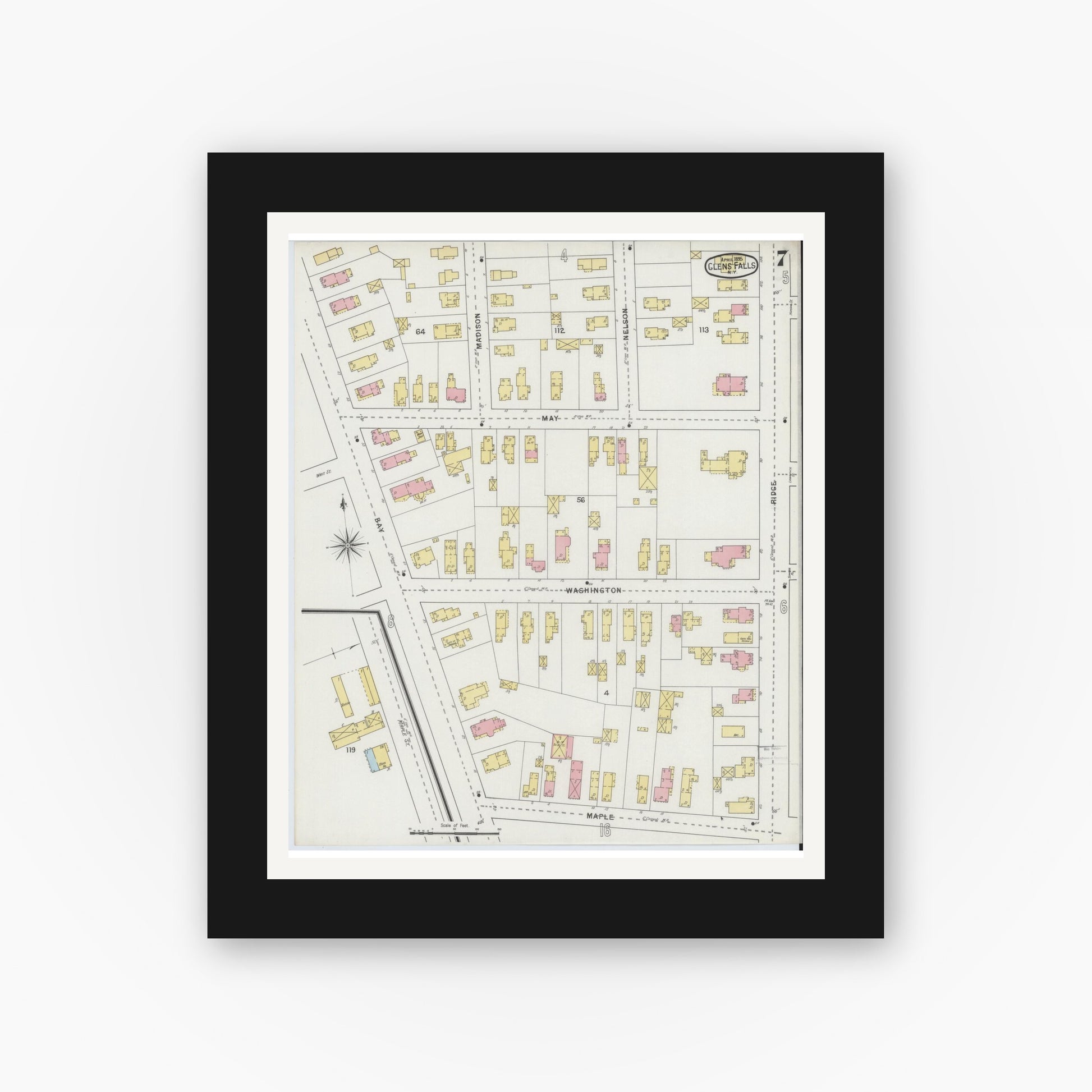 Old map wall art mockup — black gallery frame with white mat — Sanborn Fire Insurance Map from Glens Falls, Warren County, New York (1895), Sheet #0007