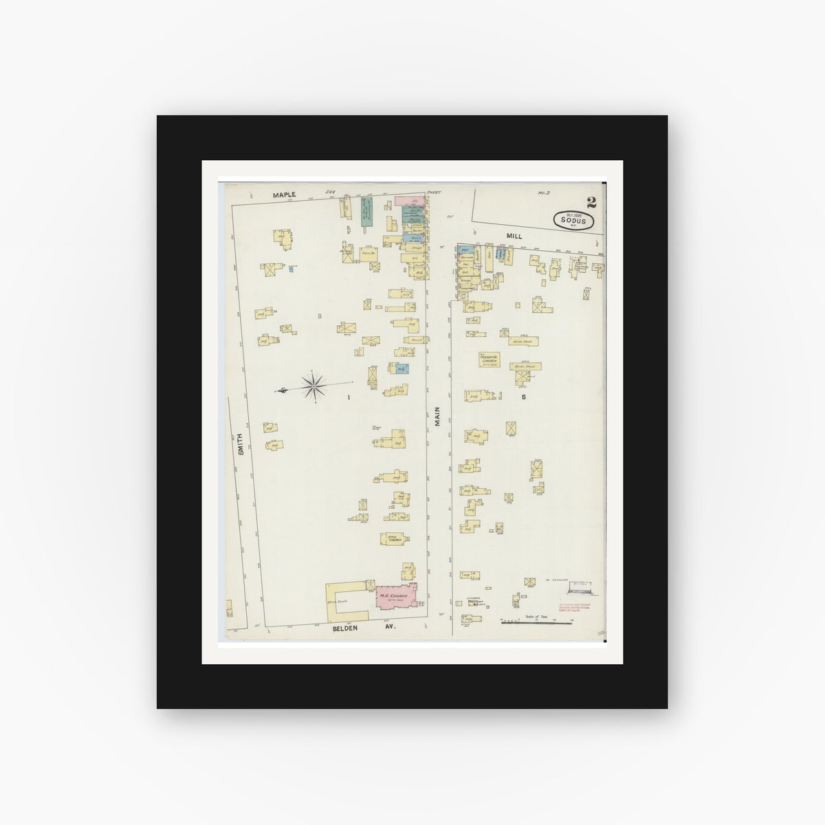 Old map wall art mockup — black gallery frame with white mat — Sanborn Fire Insurance Map from Sodus, Wayne County, New York (1889), Sheet #0002