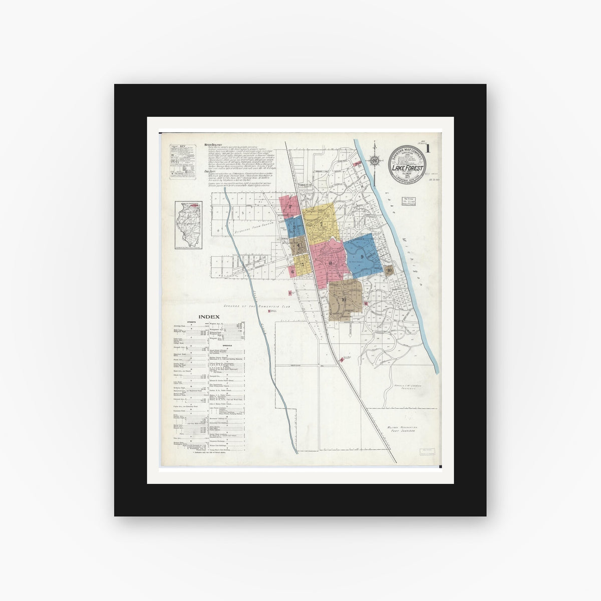 Old map wall art mockup — black gallery frame with white mat — Sanborn Fire Insurance Map from Lake Forest, Lake County, Illinois (1917), Sheet #0001