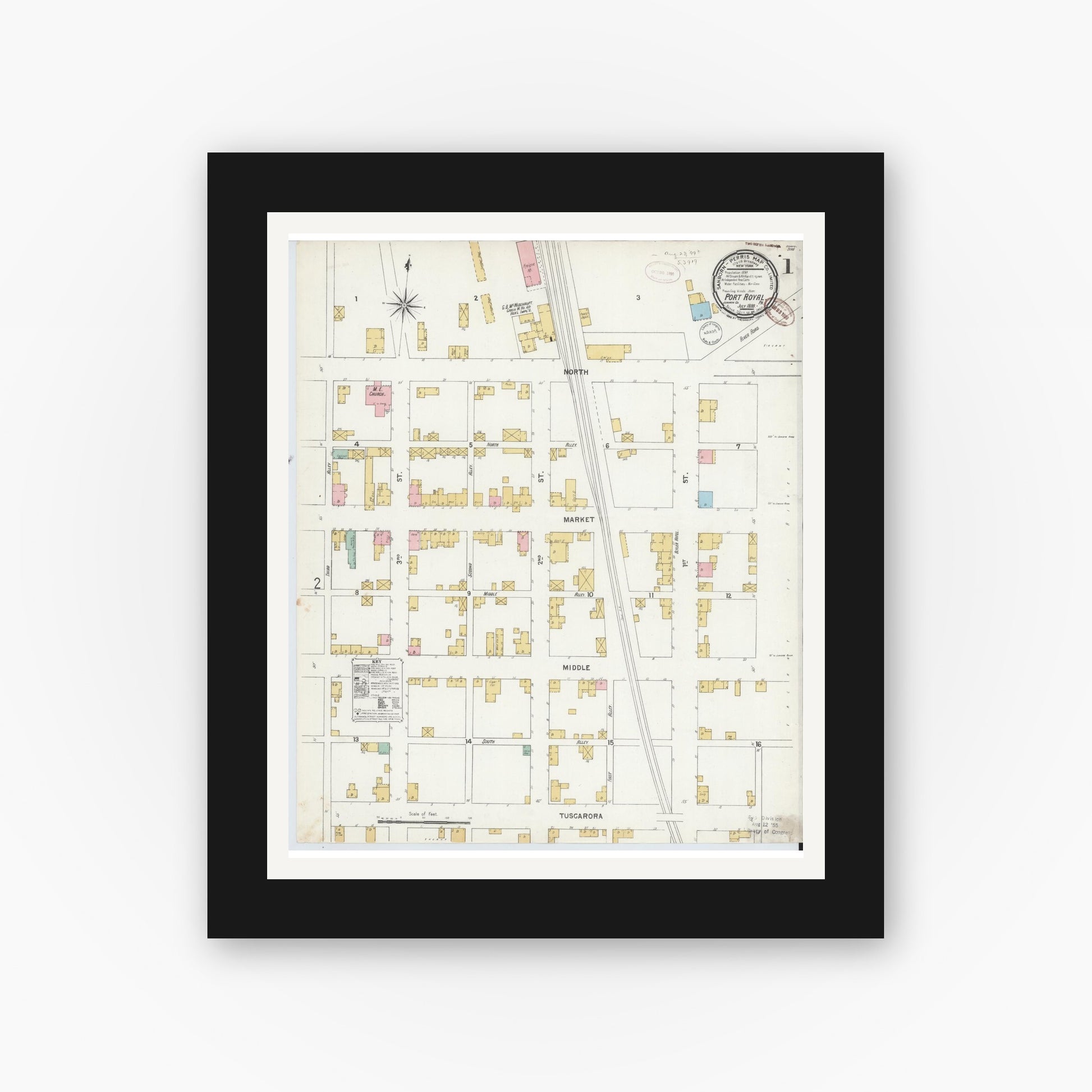 Old map wall art mockup — black gallery frame with white mat — Sanborn Fire Insurance Map from Port Royal, Juniata County, Pennsylvania (1899), Sheet #0001
