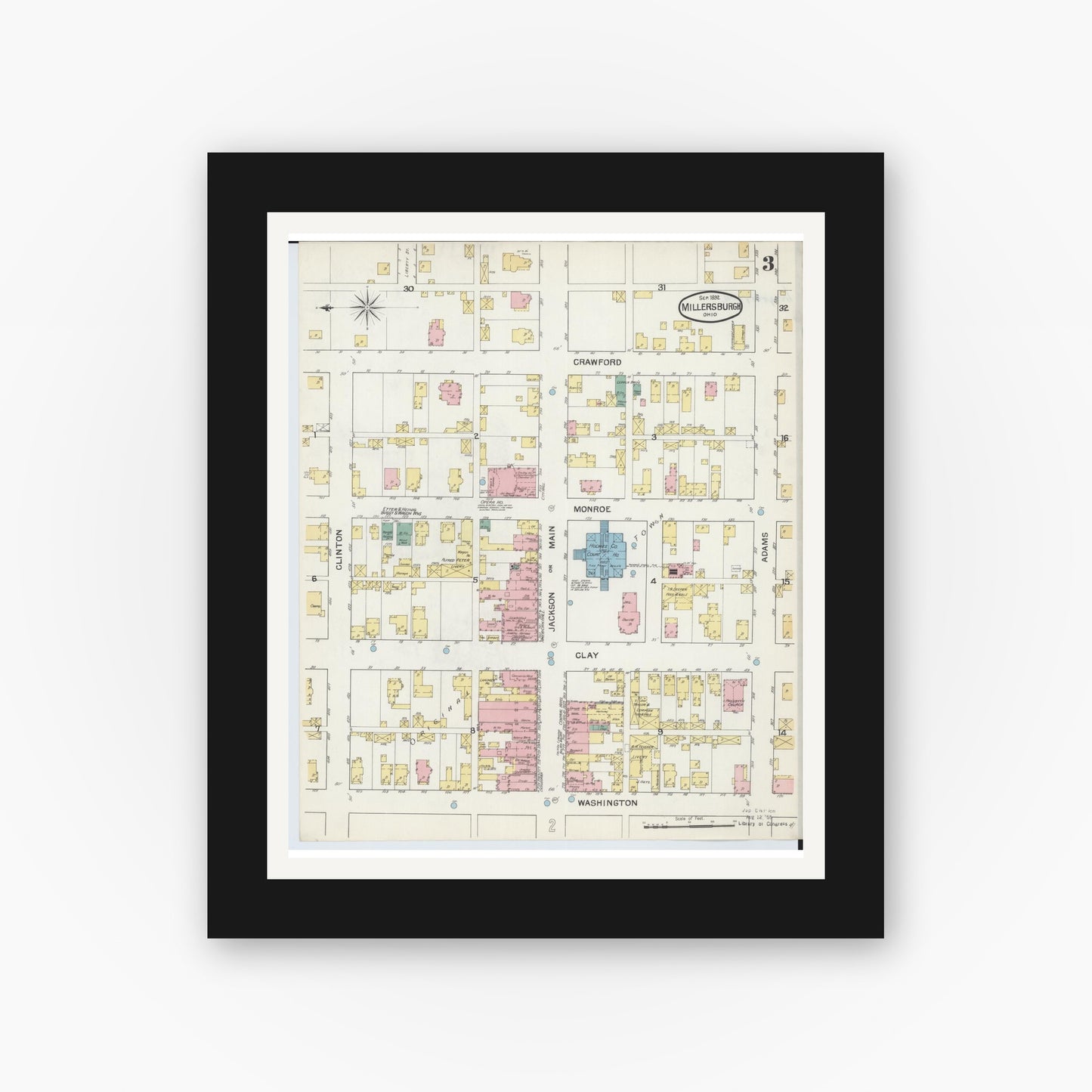 Old map wall art mockup — black gallery frame with white mat — Sanborn Fire Insurance Map from Millersburg, Holmes County, Ohio (1892), Sheet #0003