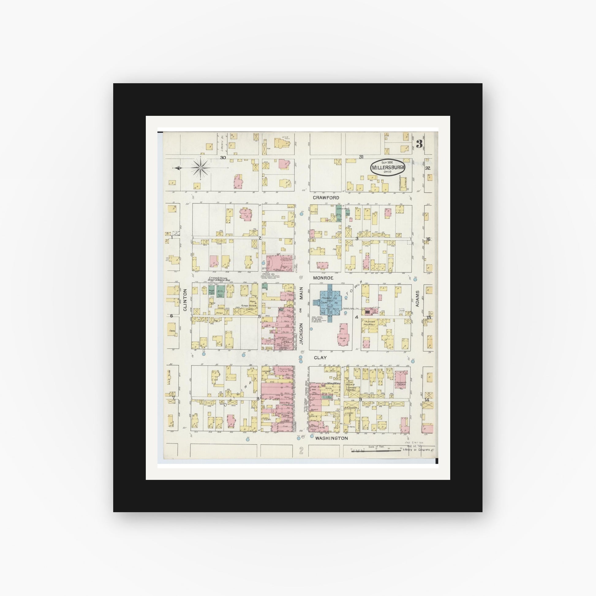 Old map wall art mockup — black gallery frame with white mat — Sanborn Fire Insurance Map from Millersburg, Holmes County, Ohio (1892), Sheet #0003