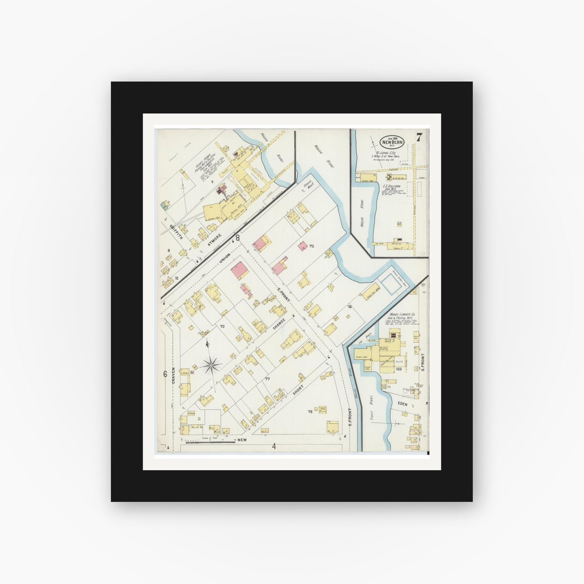 Old map wall art mockup — black gallery frame with white mat — Sanborn Fire Insurance Map from New Bern, Craven County, North Carolina (1898), Sheet #0007