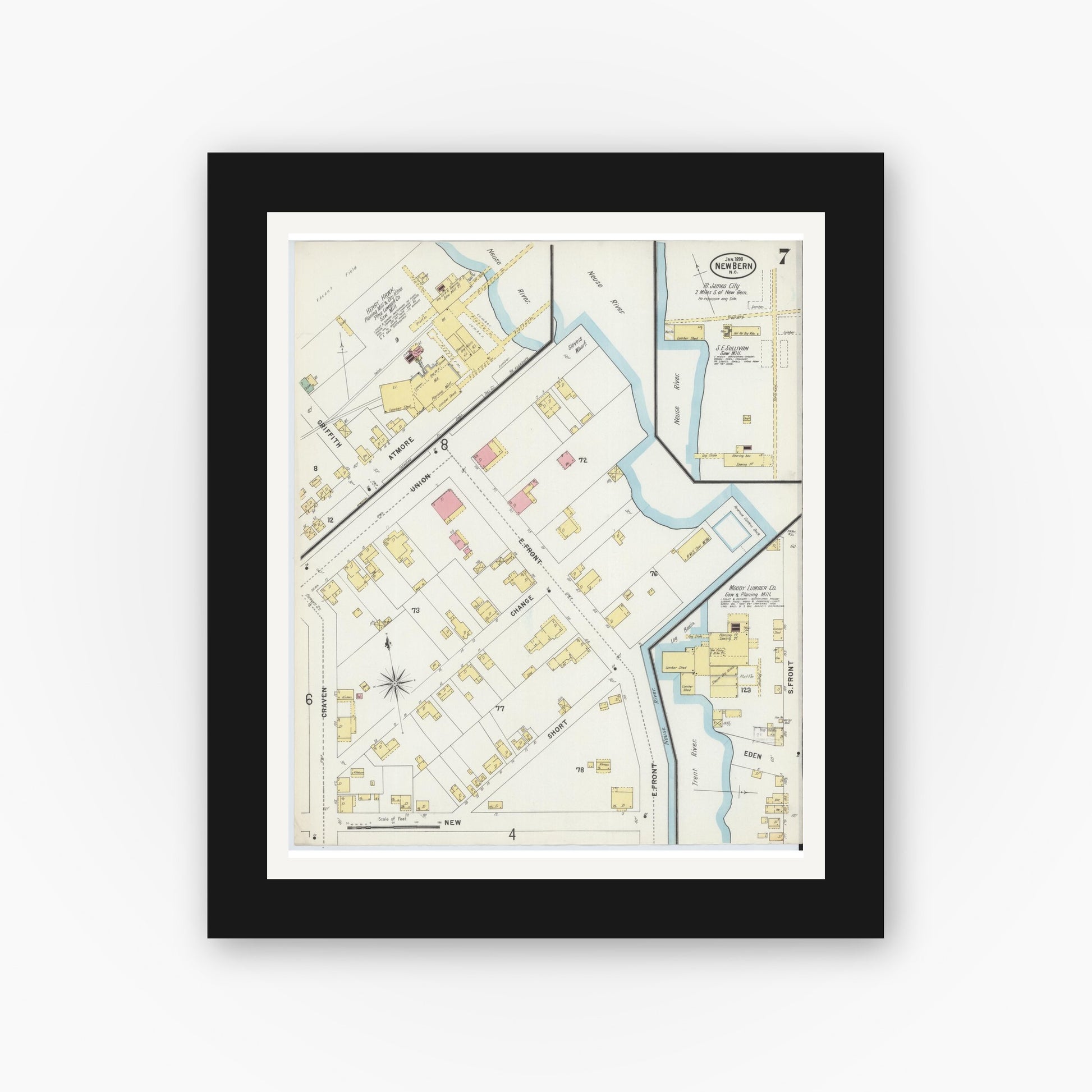 Old map wall art mockup — black gallery frame with white mat — Sanborn Fire Insurance Map from New Bern, Craven County, North Carolina (1898), Sheet #0007