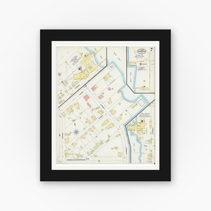 Old map wall art mockup — black gallery frame with white mat — Sanborn Fire Insurance Map from New Bern, Craven County, North Carolina (1898), Sheet #0007