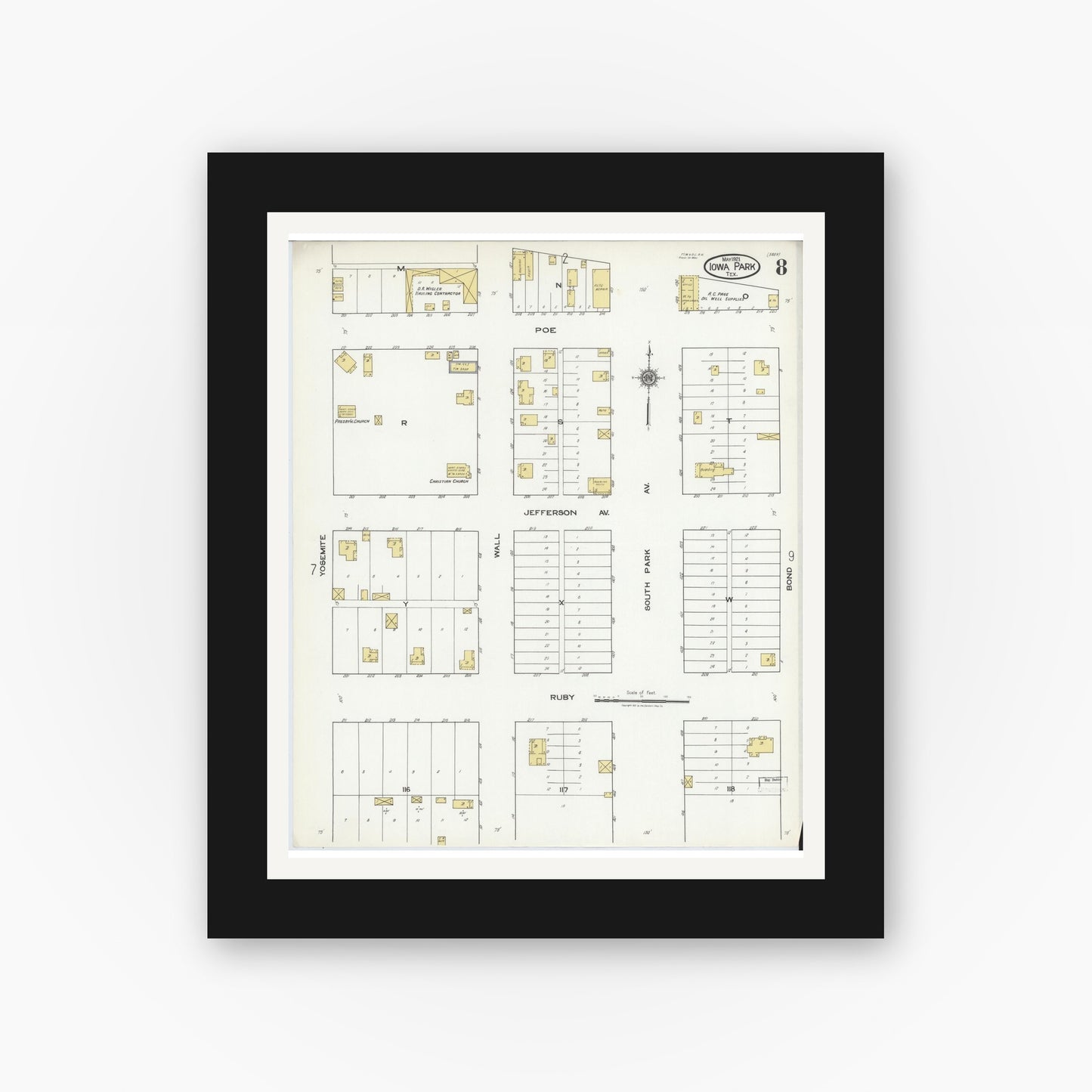 Old map wall art mockup — black gallery frame with white mat — Sanborn Fire Insurance Map from Iowa Park, Wichita County, Texas (1921), Sheet #0008