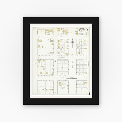 Old map wall art mockup — black gallery frame with white mat — Sanborn Fire Insurance Map from Iowa Park, Wichita County, Texas (1921), Sheet #0008