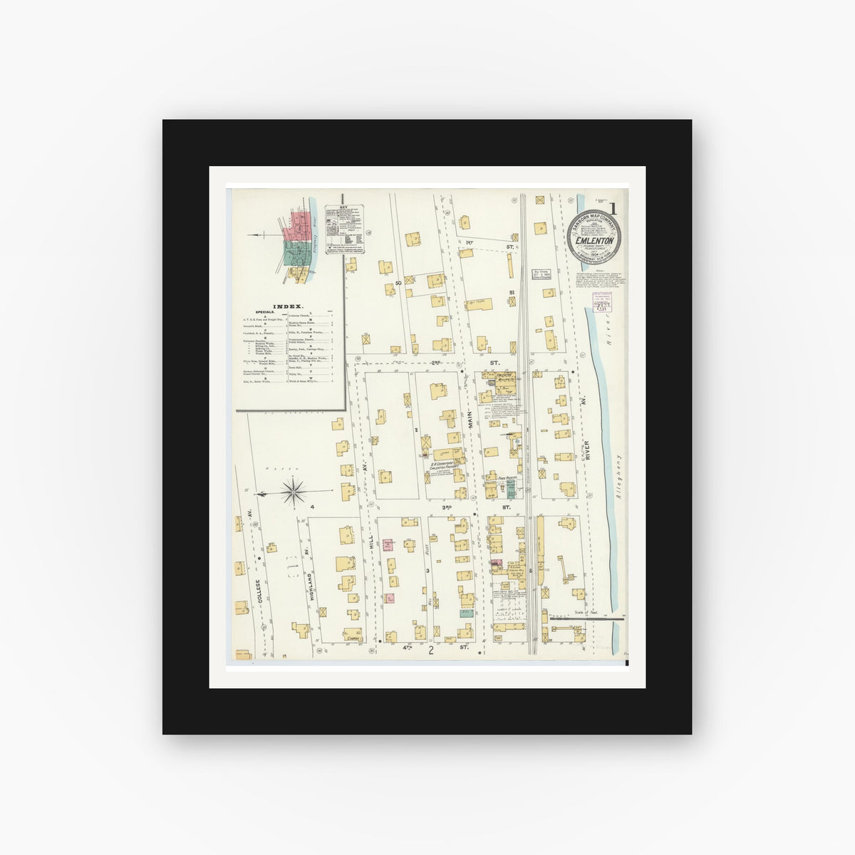 Old map wall art mockup — black gallery frame with white mat — Sanborn Fire Insurance Map from Emlenton, Venango County, Pennsylvania (1904) - Complete Map Set