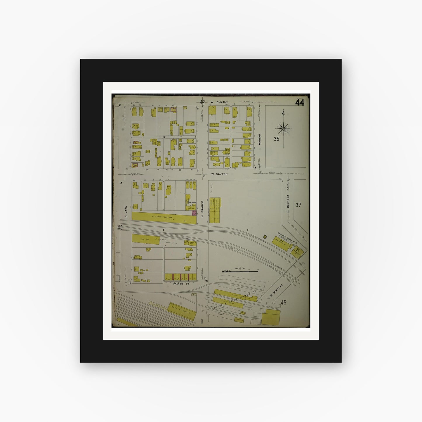 Old map wall art mockup — black gallery frame with white mat — Sanborn Fire Insurance Map from Madison, Dane County, Wisconsin (1908), Sheet #0044