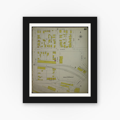 Old map wall art mockup — black gallery frame with white mat — Sanborn Fire Insurance Map from Madison, Dane County, Wisconsin (1908), Sheet #0044
