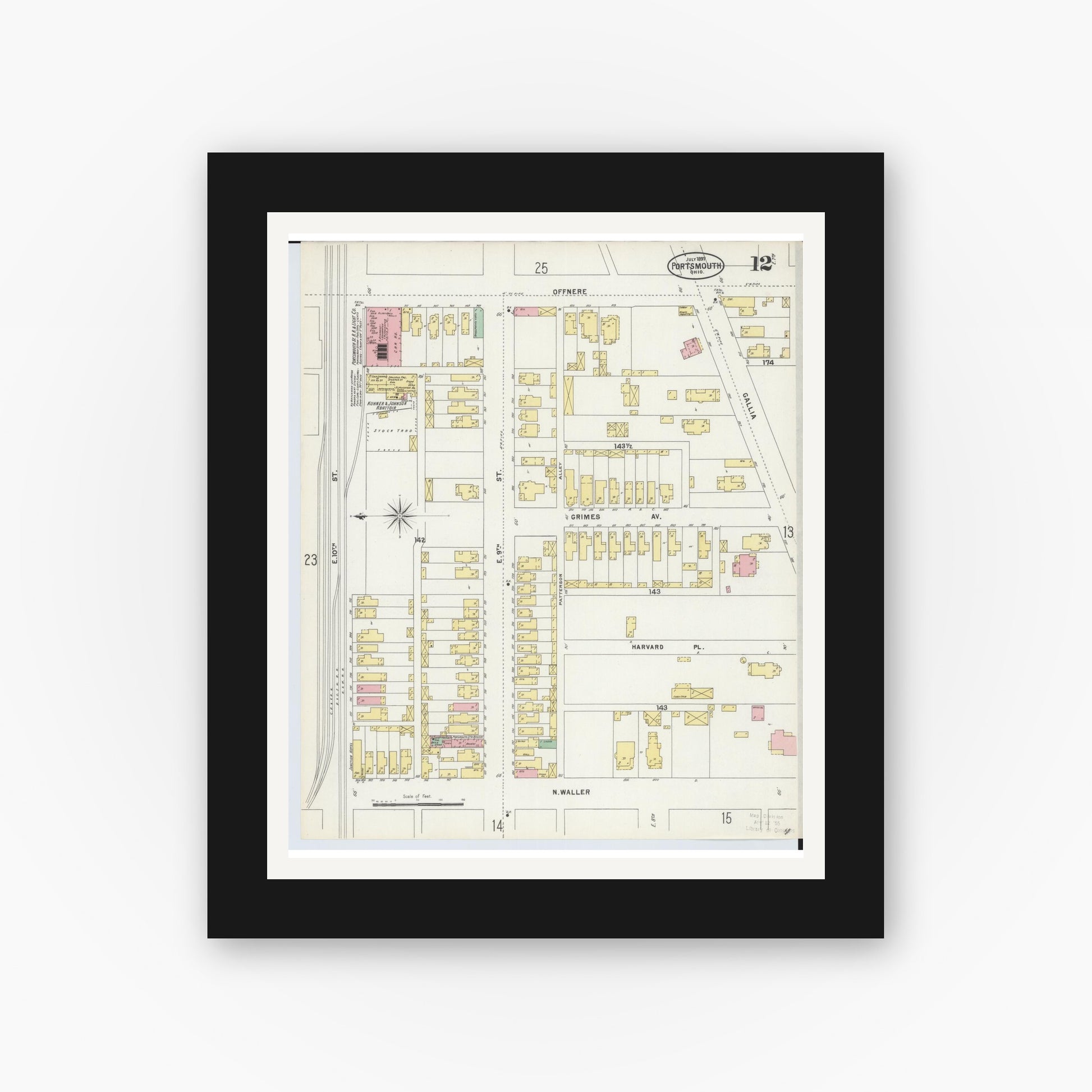 Old map wall art mockup — black gallery frame with white mat — Sanborn Fire Insurance Map from Portsmouth, Scioto County, Ohio (1897), Sheet #0012