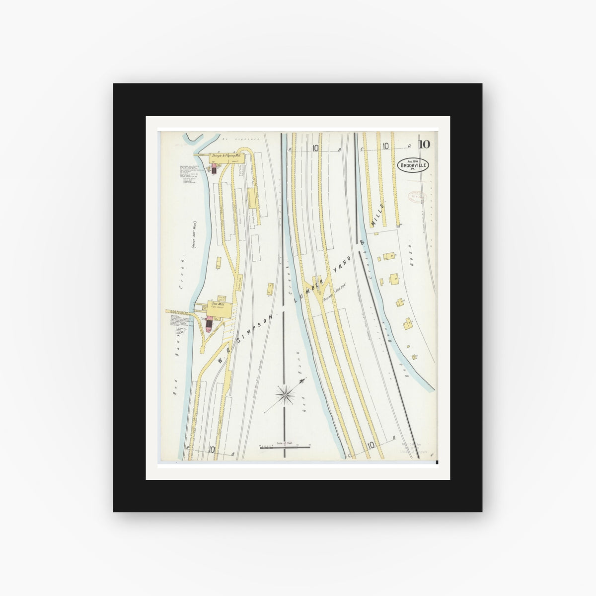 Old map wall art mockup — black gallery frame with white mat — Sanborn Fire Insurance Map from Brookville, Jefferson County, Pennsylvania (1899), Sheet #0010