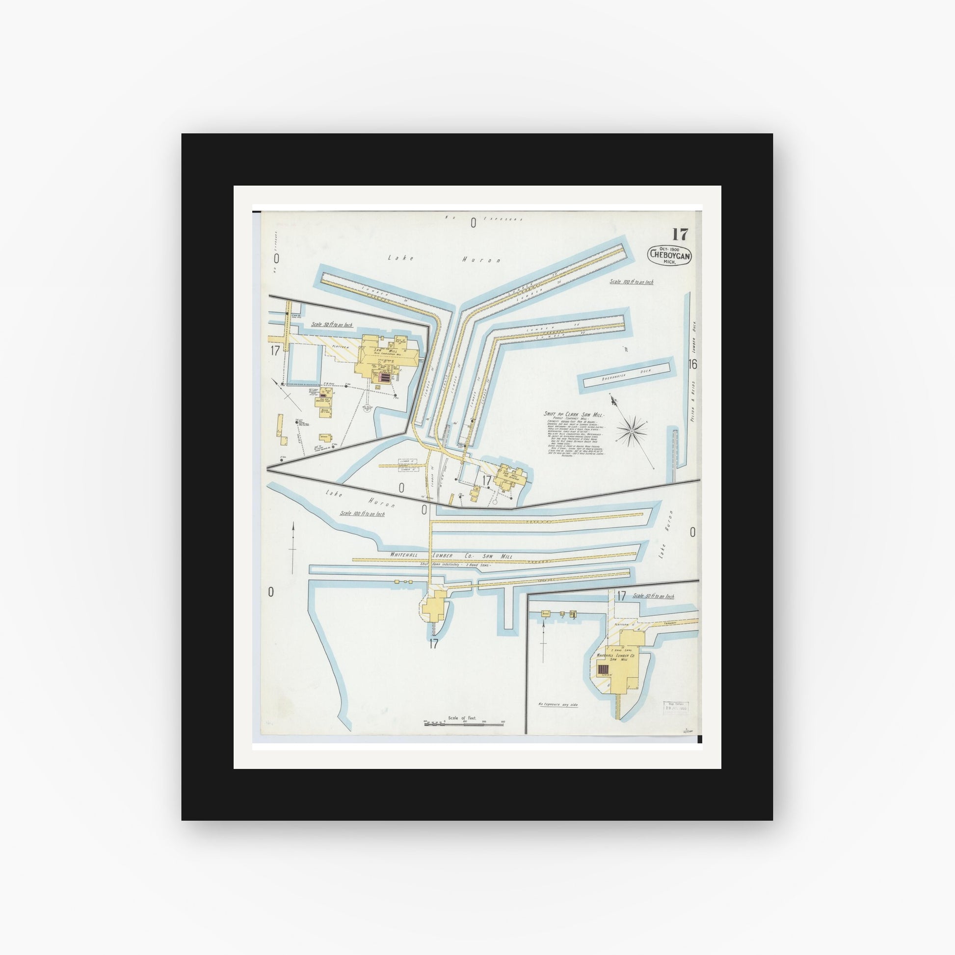 Old map wall art mockup — black gallery frame with white mat — Sanborn Fire Insurance Map from Cheboygan, Cheboygan County, Michigan (1900), Sheet #0017