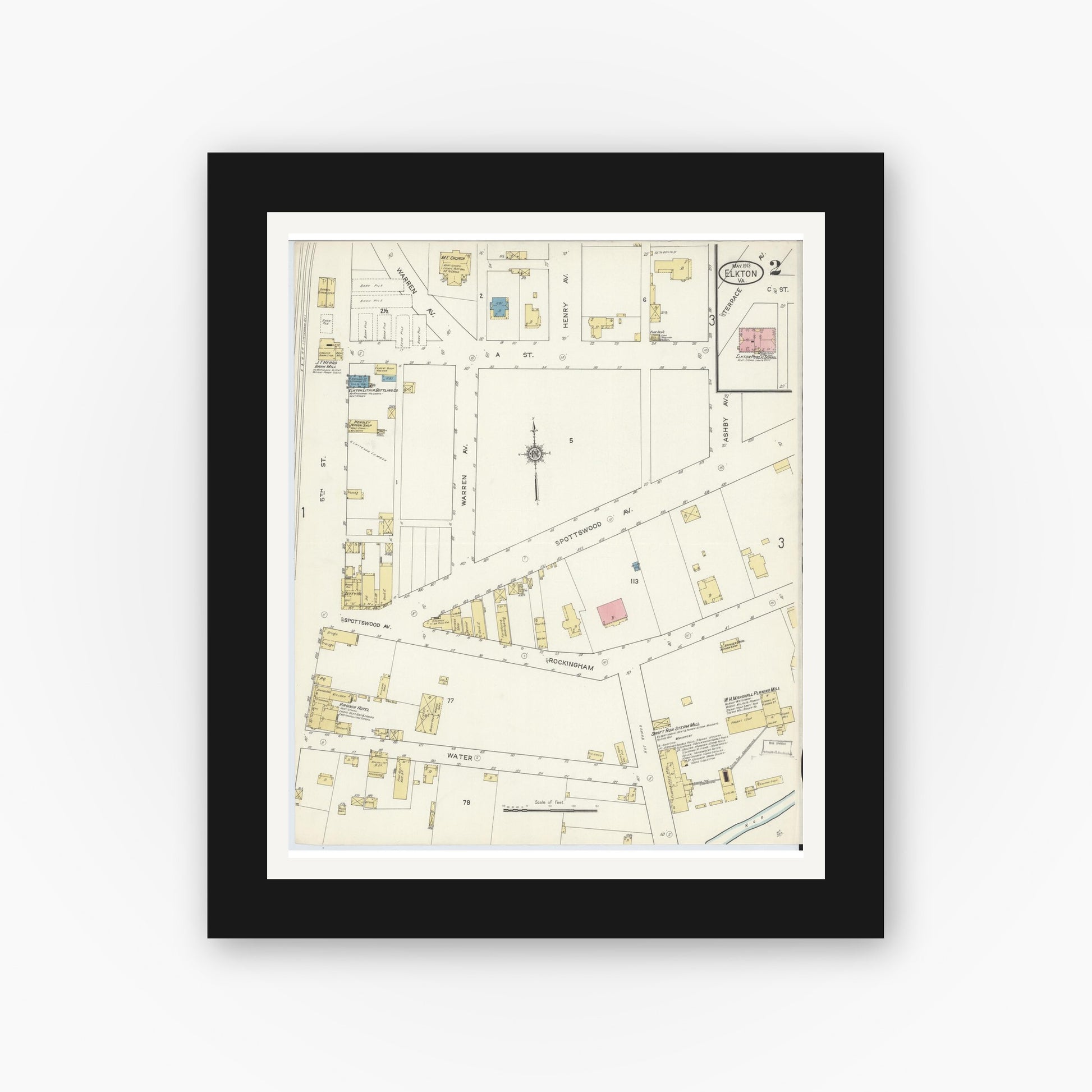 Old map wall art mockup — black gallery frame with white mat — Sanborn Fire Insurance Map from Elkton, Rockingham County, Virginia (1913), Sheet #0002