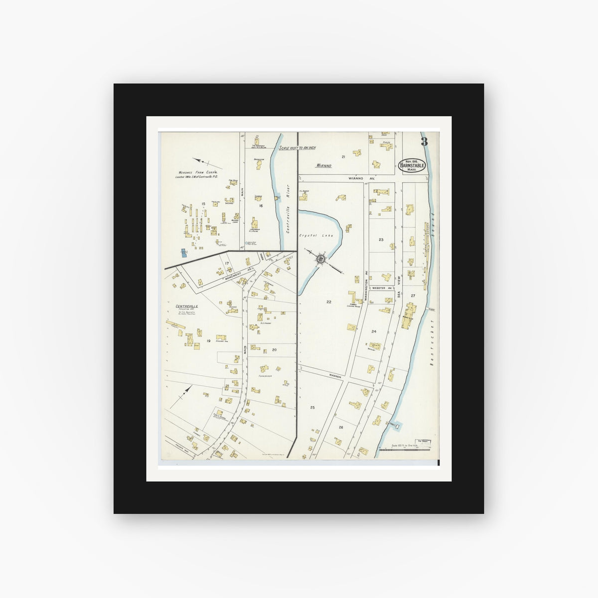 Old map wall art mockup — black gallery frame with white mat — Sanborn Fire Insurance Map from Barnstable, Barnstable County, Massachusetts (1916), Sheet #0003