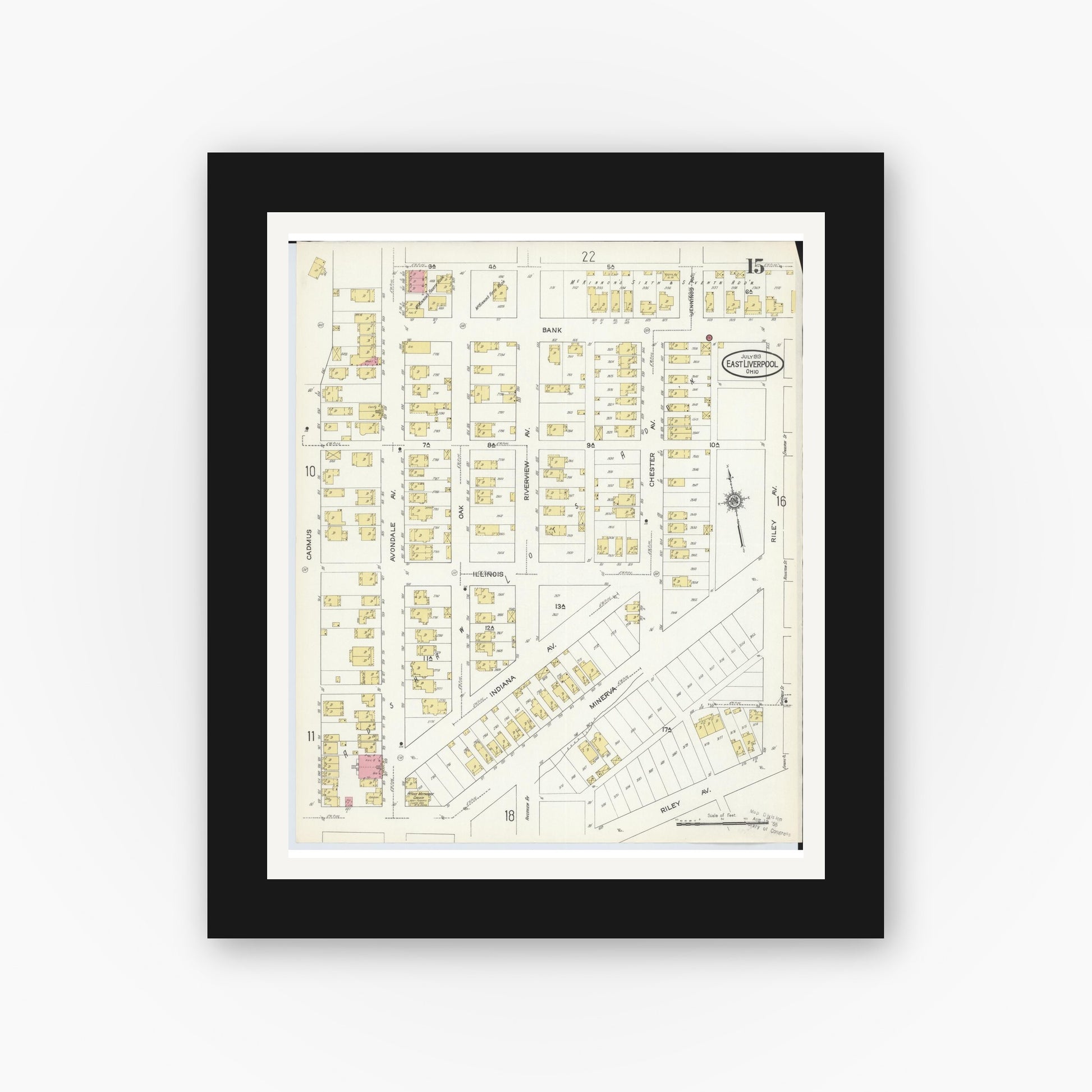 Old map wall art mockup — black gallery frame with white mat — Sanborn Fire Insurance Map from East Liverpool, Columbiana County, Ohio (1913), Sheet #0015