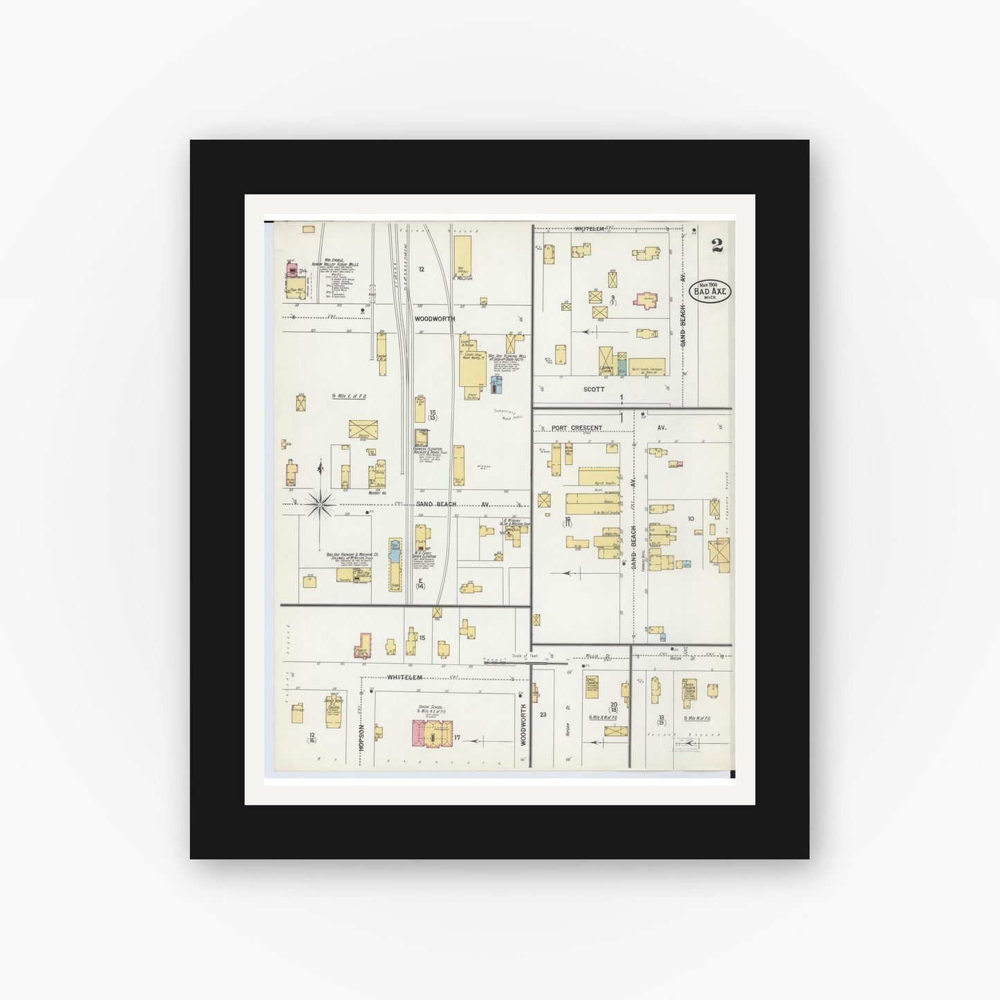 Old map wall art mockup — black gallery frame with white mat — Sanborn Fire Insurance Map from Bad Axe, Huron County, Michigan (1900), Sheet #0002