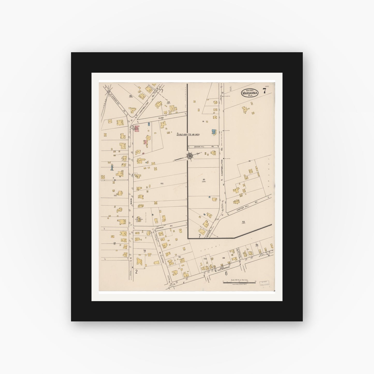 Old map wall art mockup — black gallery frame with white mat — Sanborn Fire Insurance Map from Marianna, Jackson County, Florida (1922), Sheet #0007
