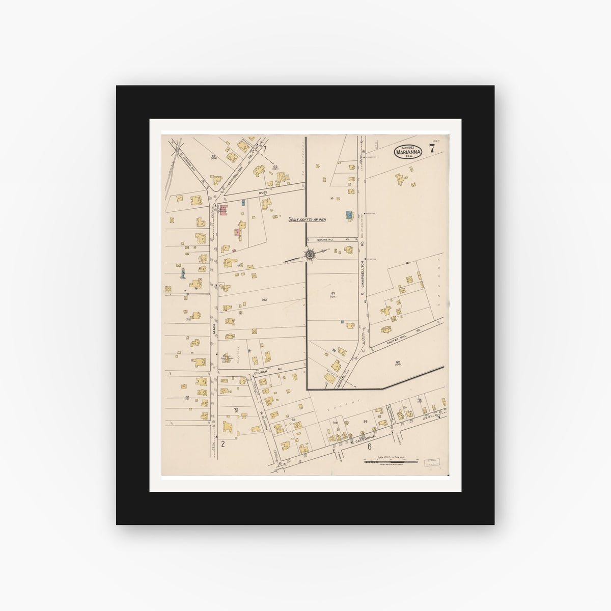 Old map wall art mockup — black gallery frame with white mat — Sanborn Fire Insurance Map from Marianna, Jackson County, Florida (1922), Sheet #0007