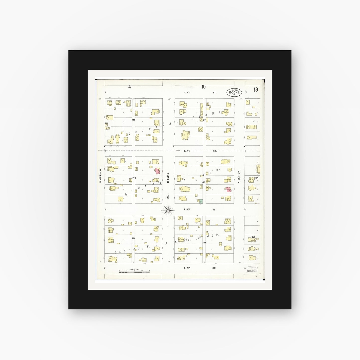 Old map wall art mockup — black gallery frame with white mat — Sanborn Fire Insurance Map from Boone, Boone County, Iowa (1900), Sheet #0009