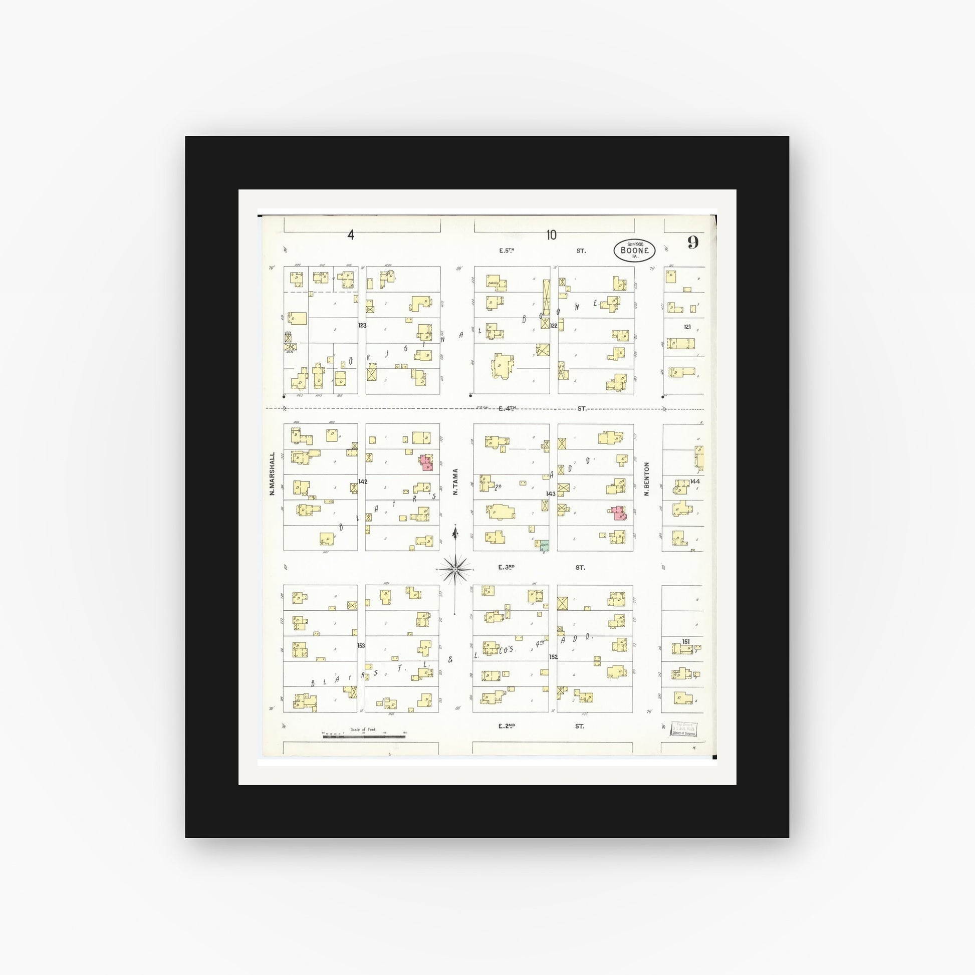 Old map wall art mockup — black gallery frame with white mat — Sanborn Fire Insurance Map from Boone, Boone County, Iowa (1900), Sheet #0009