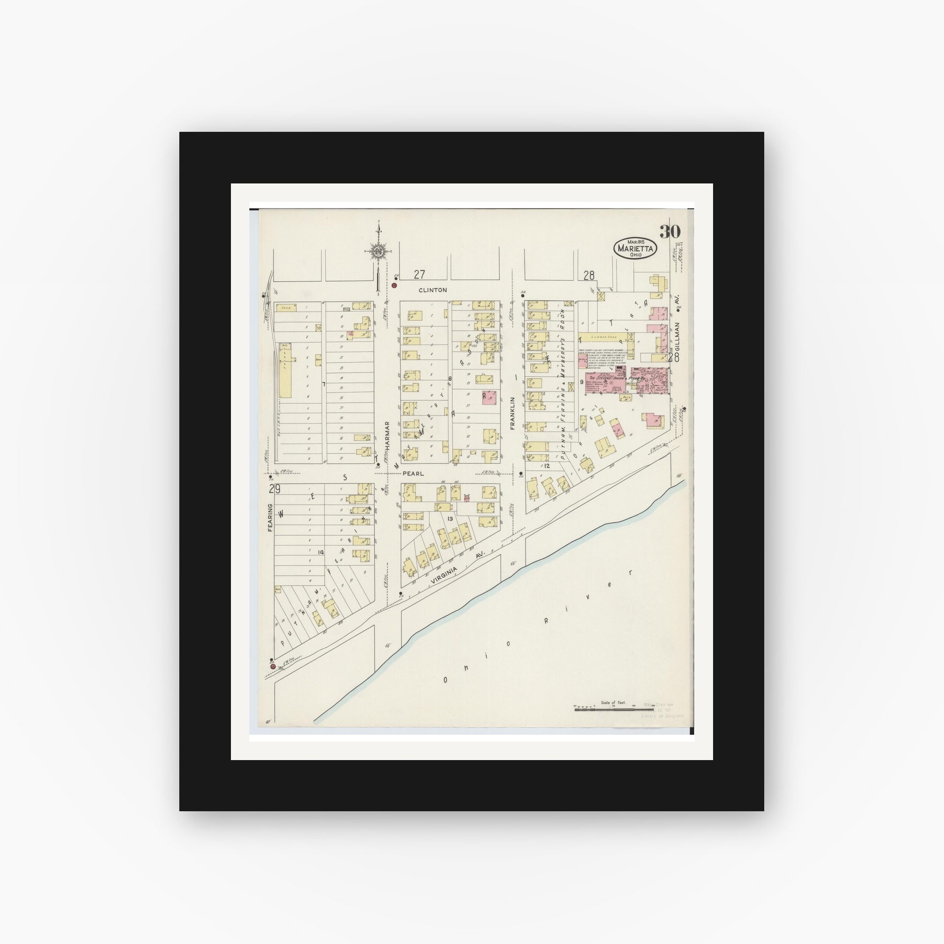 Old map wall art mockup — black gallery frame with white mat — Sanborn Fire Insurance Map from Marietta, Washington County, Ohio (1915), Sheet #0030