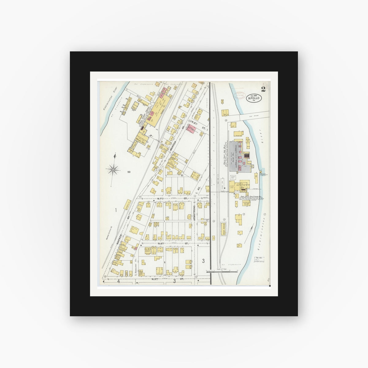 Old map wall art mockup — black gallery frame with white mat — Sanborn Fire Insurance Map from Apollo, Armstrong County, Pennsylvania (1899), Sheet #0002