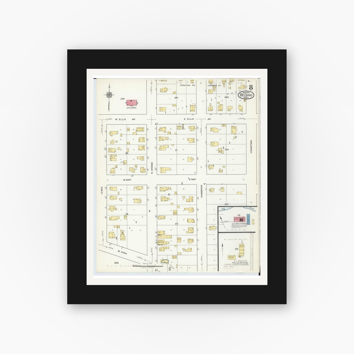 Old map wall art mockup — black gallery frame with white mat — Sanborn Fire Insurance Map from Belding, Ionia County, Michigan (1918), Sheet #0008