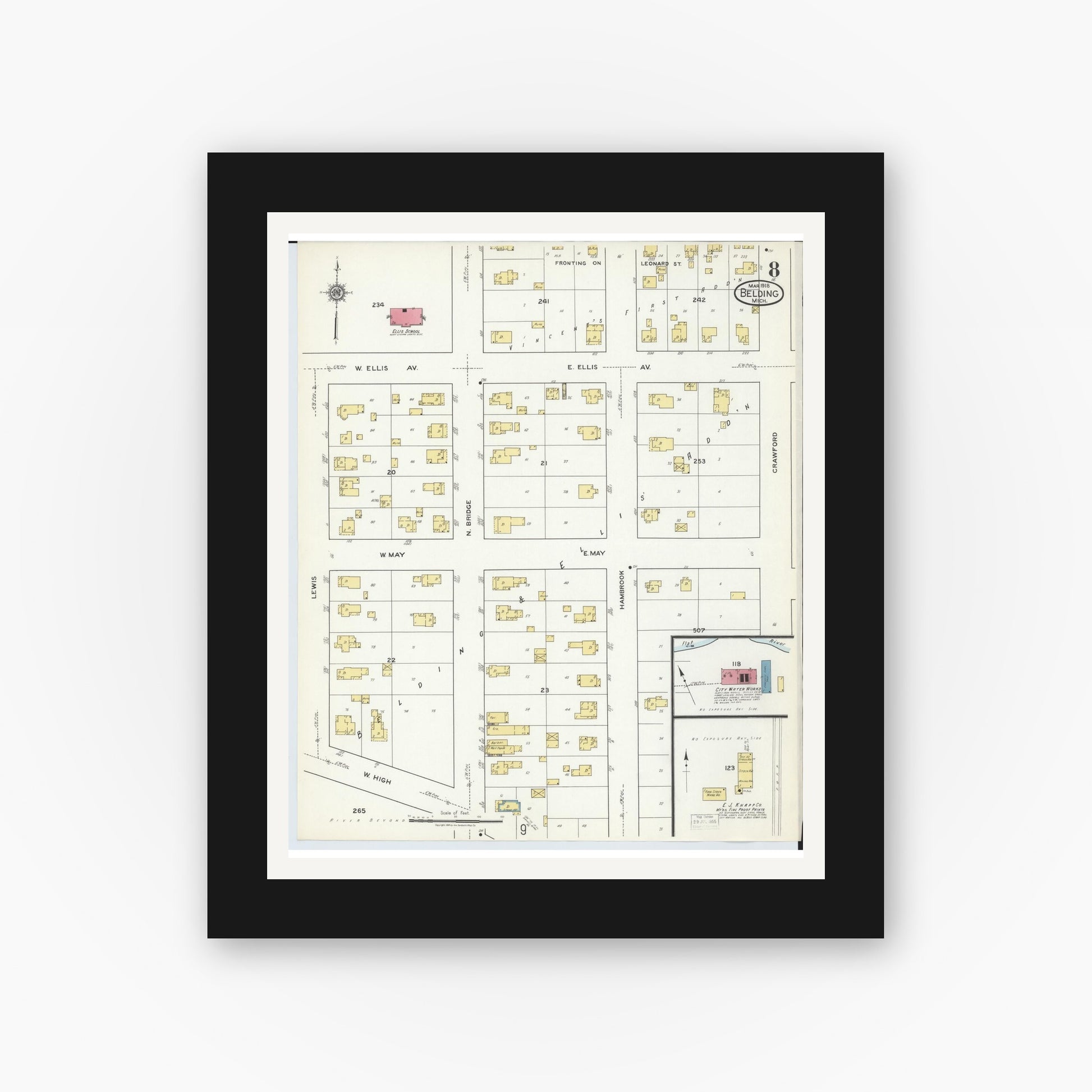 Old map wall art mockup — black gallery frame with white mat — Sanborn Fire Insurance Map from Belding, Ionia County, Michigan (1918), Sheet #0008