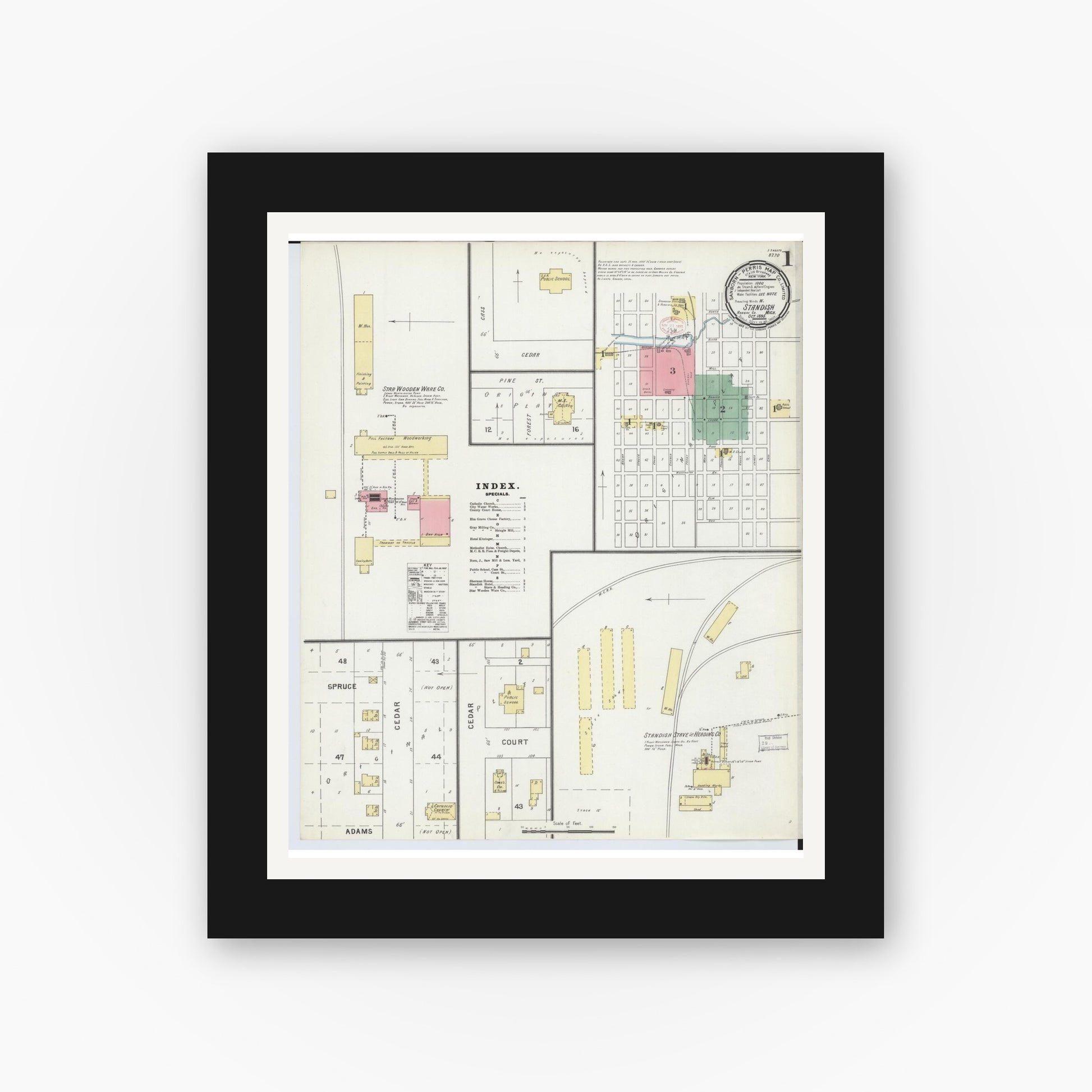 Old map wall art mockup — black gallery frame with white mat — Sanborn Fire Insurance Map from Standish, Arenac County, Michigan (1895), Sheet #0001
