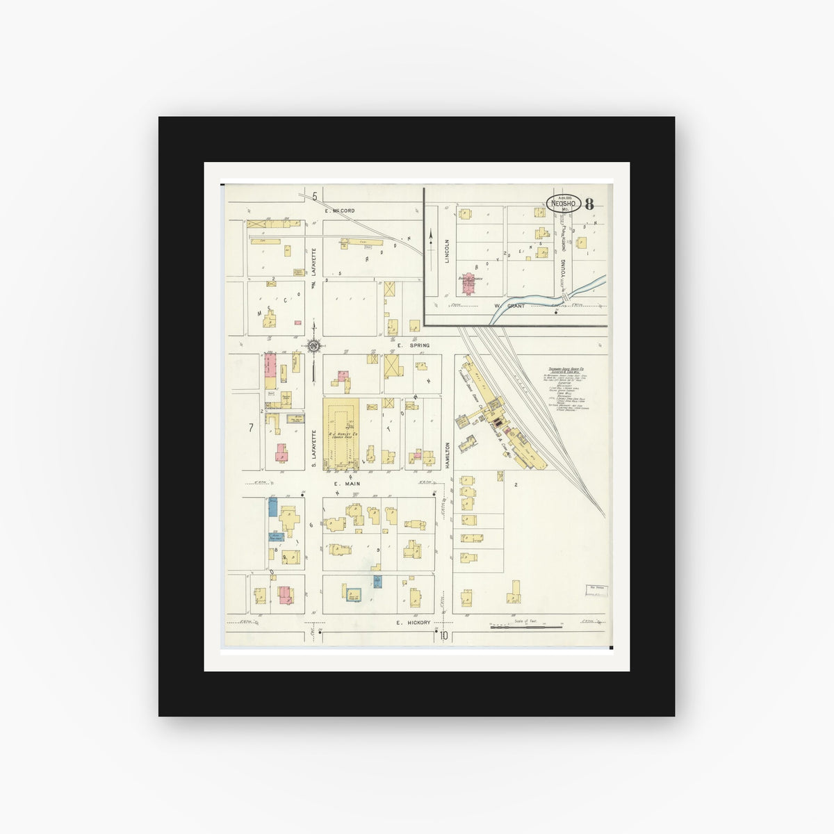 Old map wall art mockup — black gallery frame with white mat — Sanborn Fire Insurance Map from Neosho, Newton County, Missouri (1916), Sheet #0008