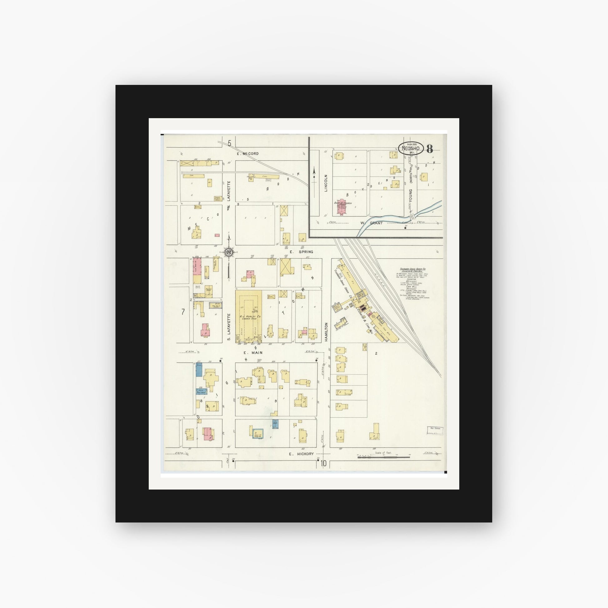 Old map wall art mockup — black gallery frame with white mat — Sanborn Fire Insurance Map from Neosho, Newton County, Missouri (1916), Sheet #0008