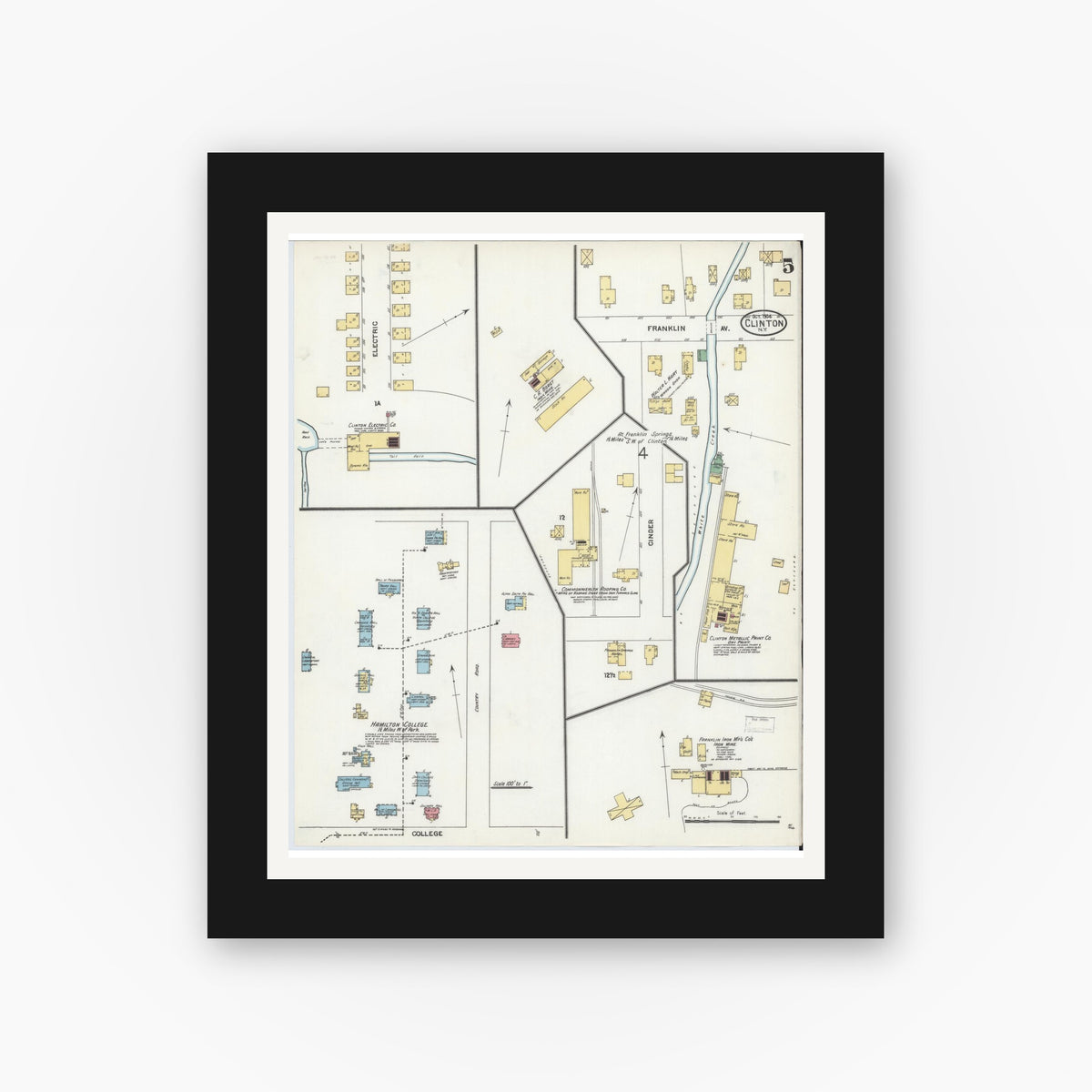 Old map wall art mockup — black gallery frame with white mat — Sanborn Fire Insurance Map from Clinton, Oneida County, New York (1904), Sheet #0005