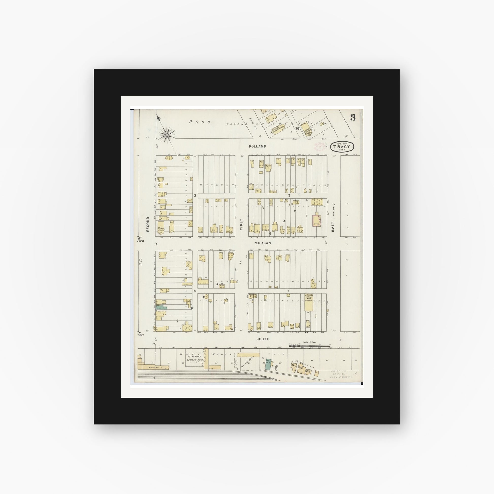 Old map wall art mockup — black gallery frame with white mat — Sanborn Fire Insurance Map from Tracy, Lyon County, Minnesota (1894), Sheet #0003