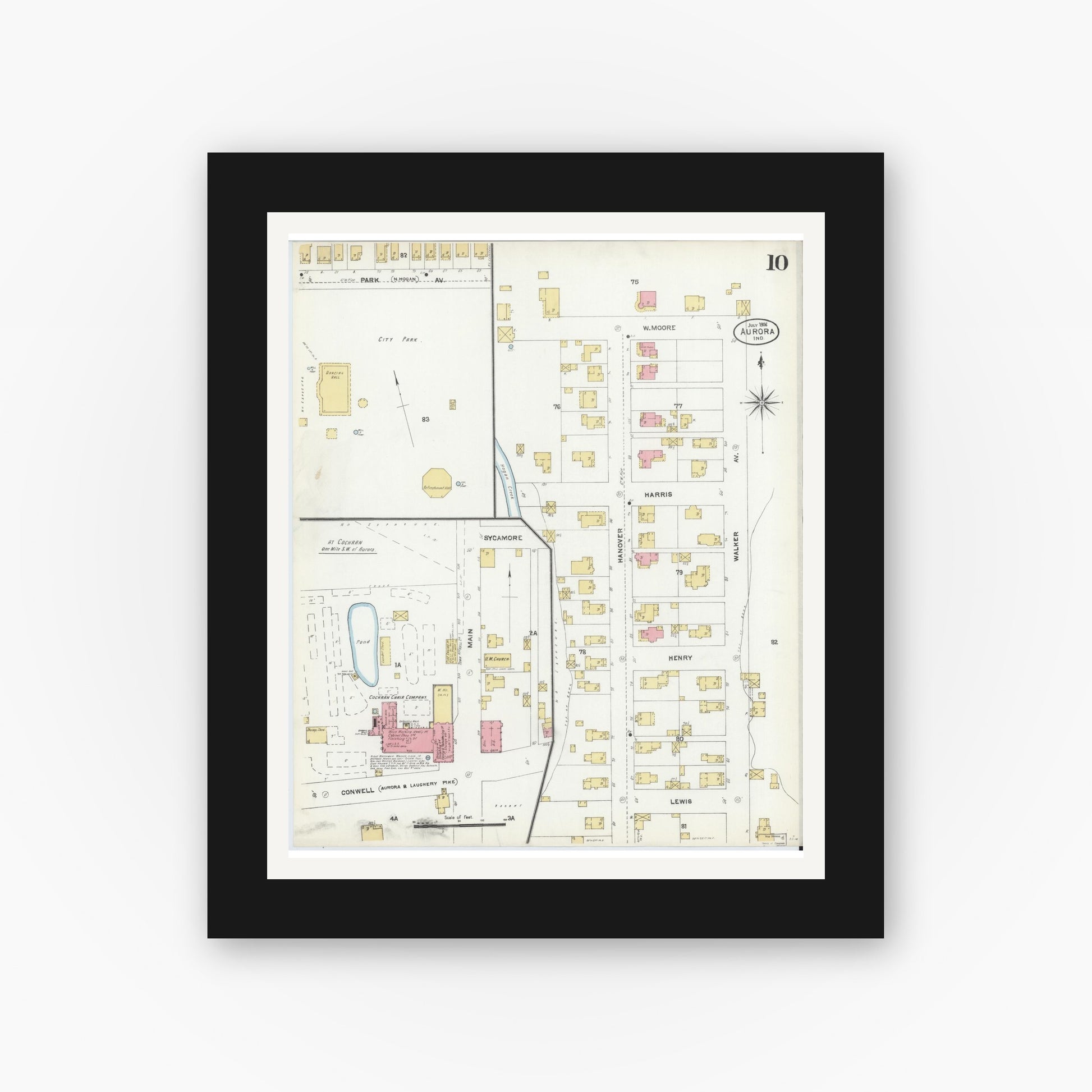 Old map wall art mockup — black gallery frame with white mat — Sanborn Fire Insurance Map from Aurora, Dearborn County, Indiana (1906), Sheet #0010